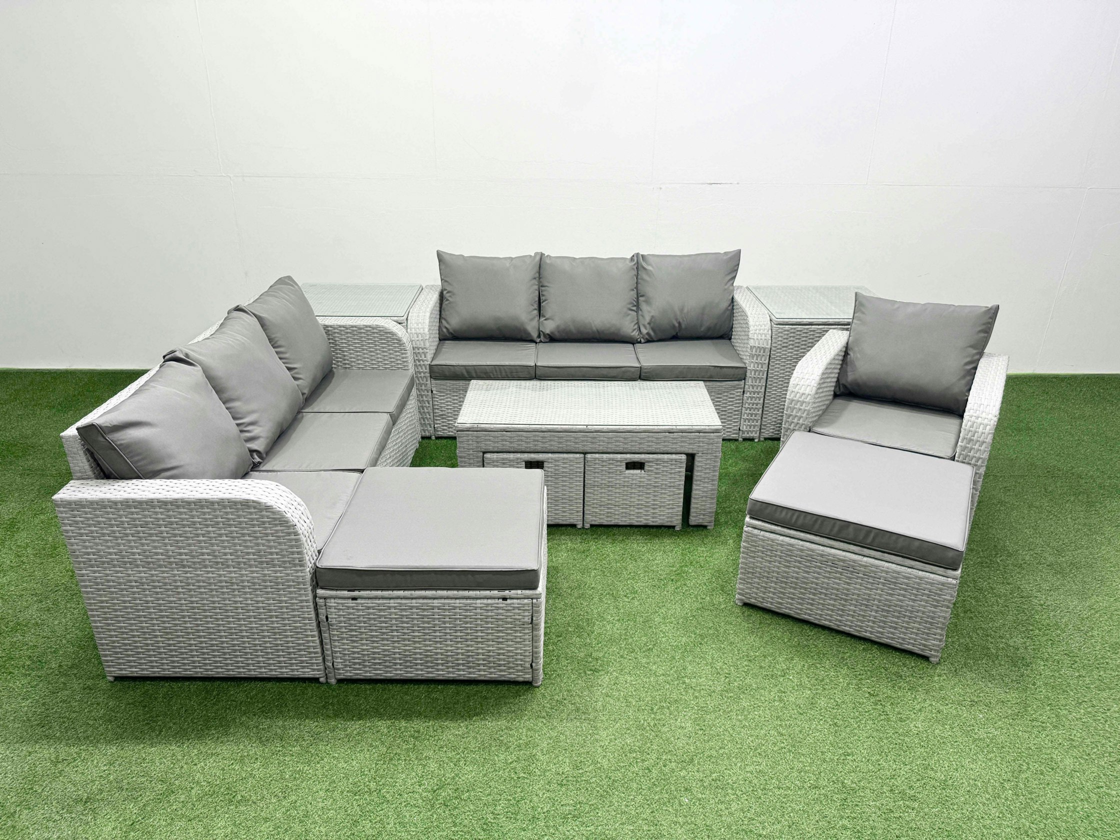 Fimous Light/Grey Outdoor Garden Furniture Set Pe Rattan 3 Seater Sofa Reclining Chair Set With Oblong Coffee Table 4 Footstools 2 Side Tables
