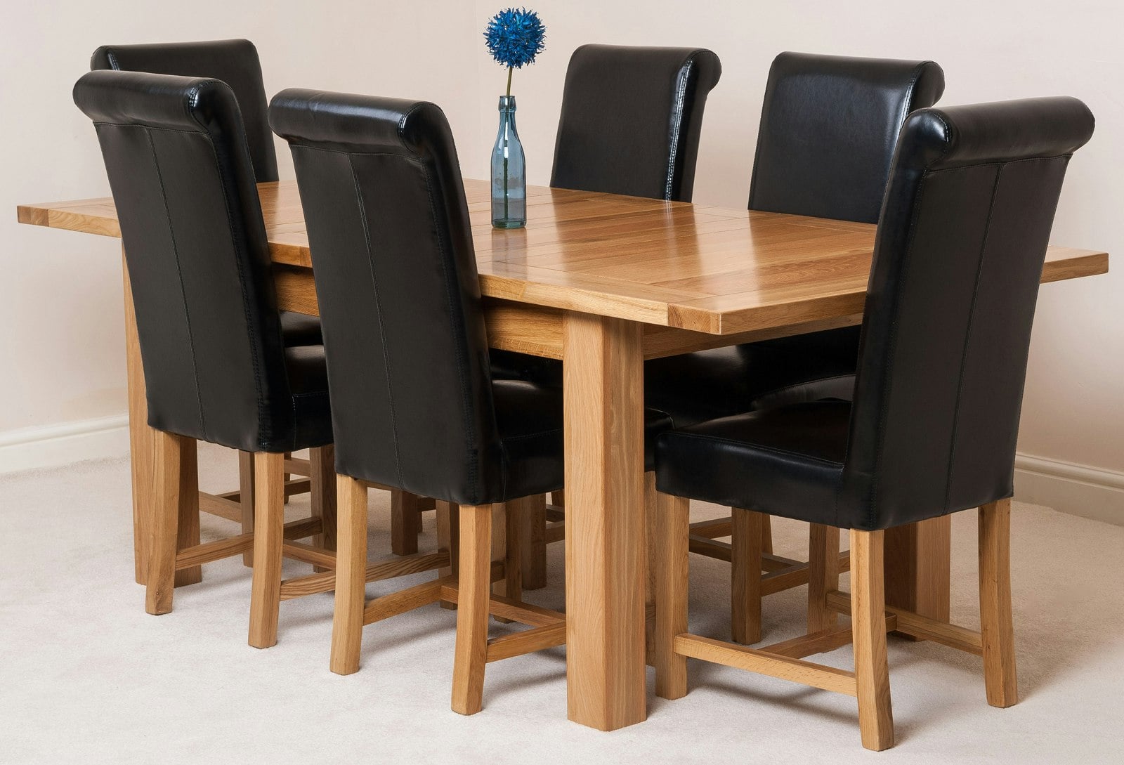 That's Furniture Black Seattle Oak Extending Dining Table With Washington Leather Chairs - 6 Chairs