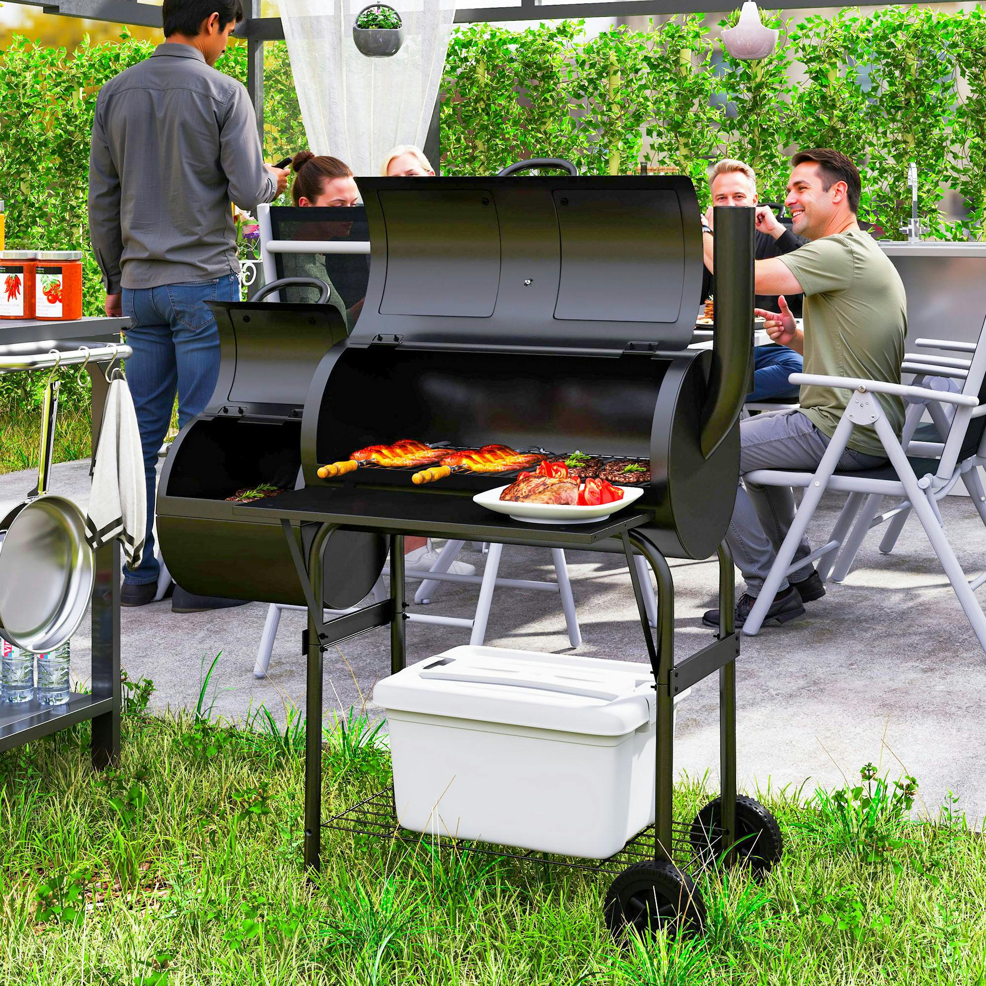 Rackhams Black Portable Outdoor Charcoal Grill Bbq Grill With Offset Smoker - Front Shelf And Bottom Shelf - Front Shelf And Bottom Shelf - Charcoal Grill