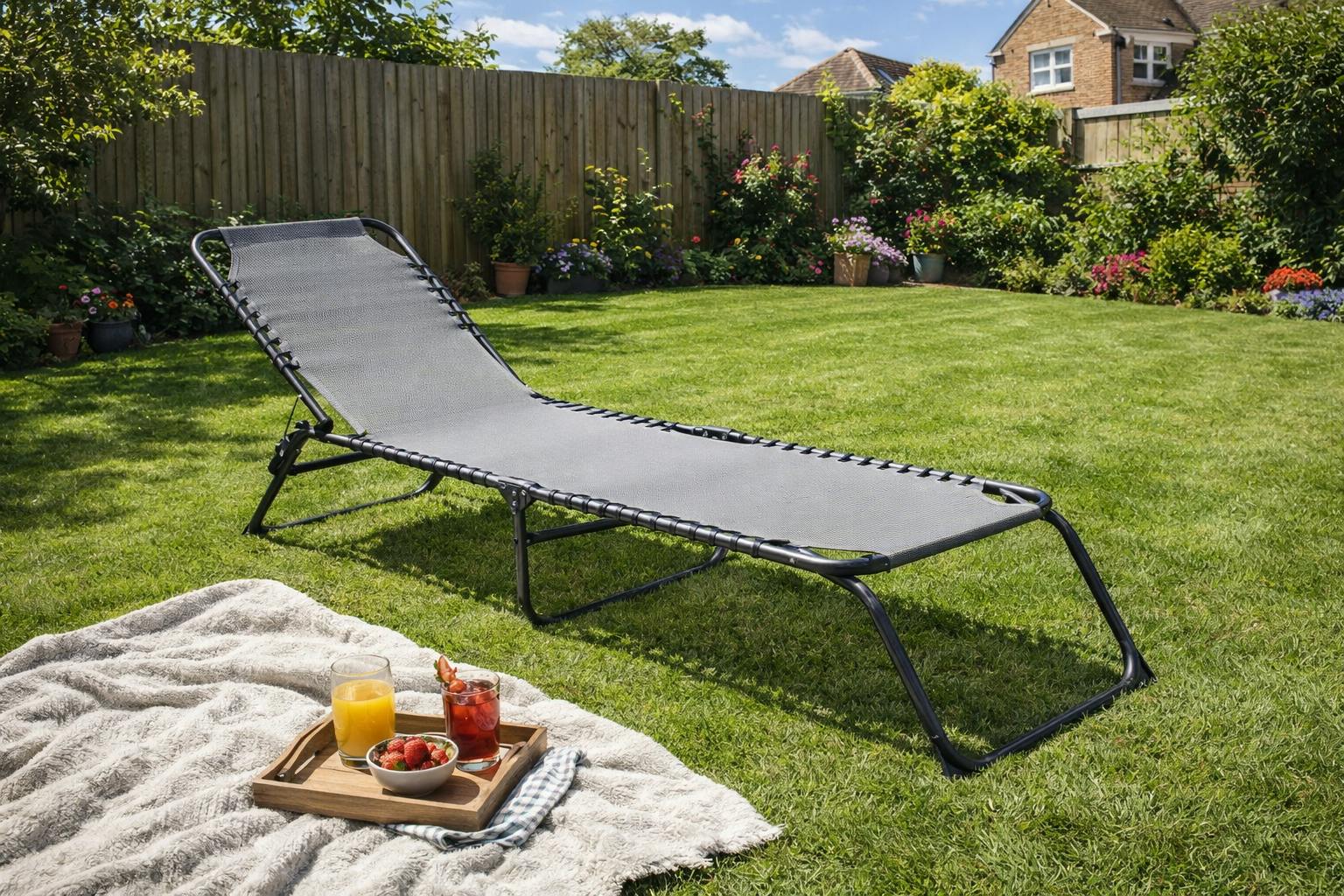 Rackhams Grey/Black Metal Sunbed With Textilene Fabric – 3-Position Reclining &