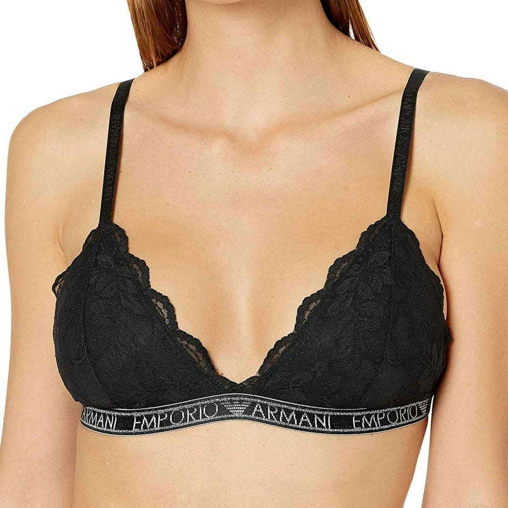 Emporio Armani Black Logoband Lace Padded Triangle Bra, - L