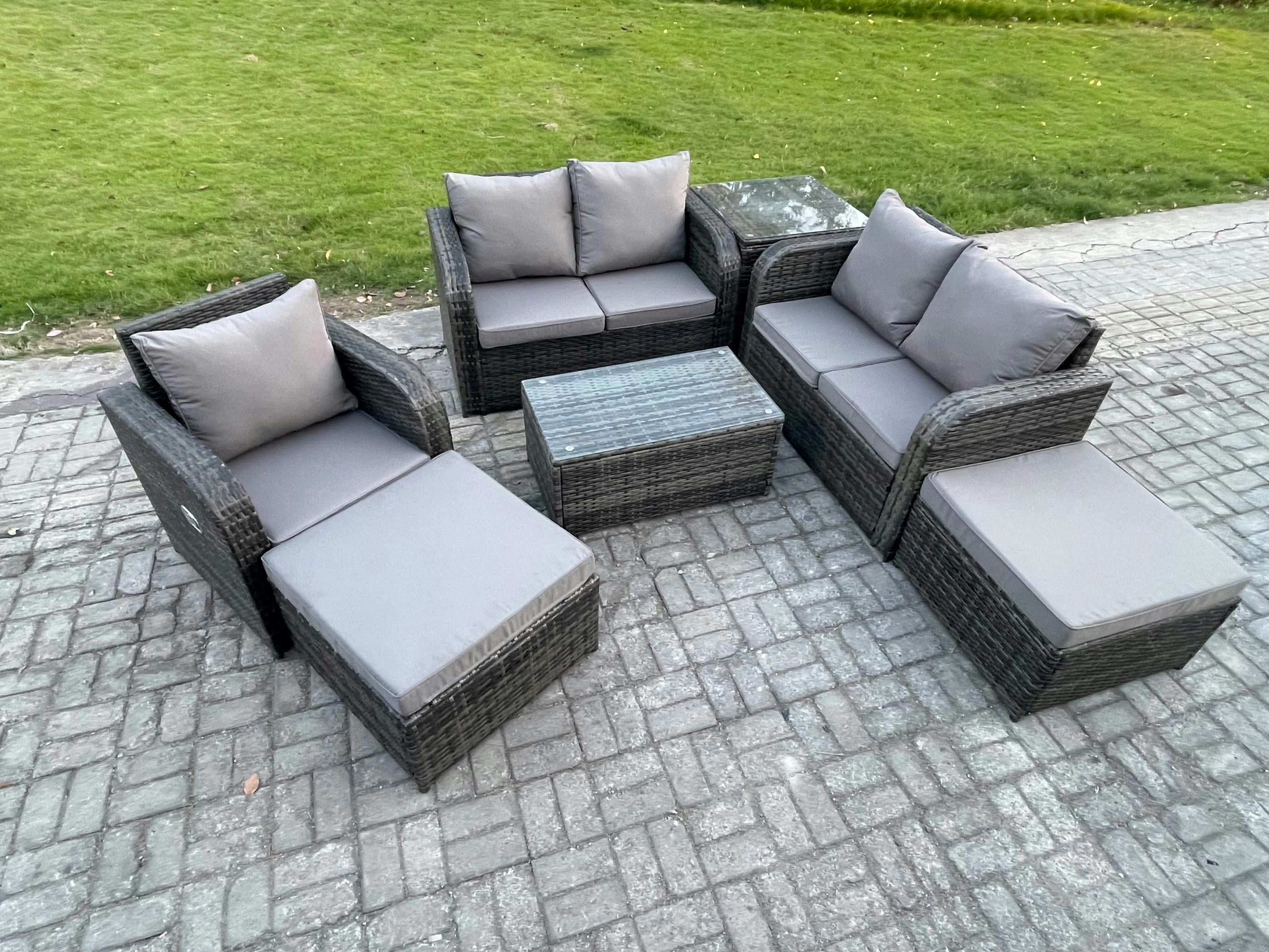 Fimous Dark/Grey 7 Seater High Back Patio Set, Loveseat Sofa, Coffee Table, 2 Big Footstools And Side Table, Indoor Outdoor Lounge, Mixed