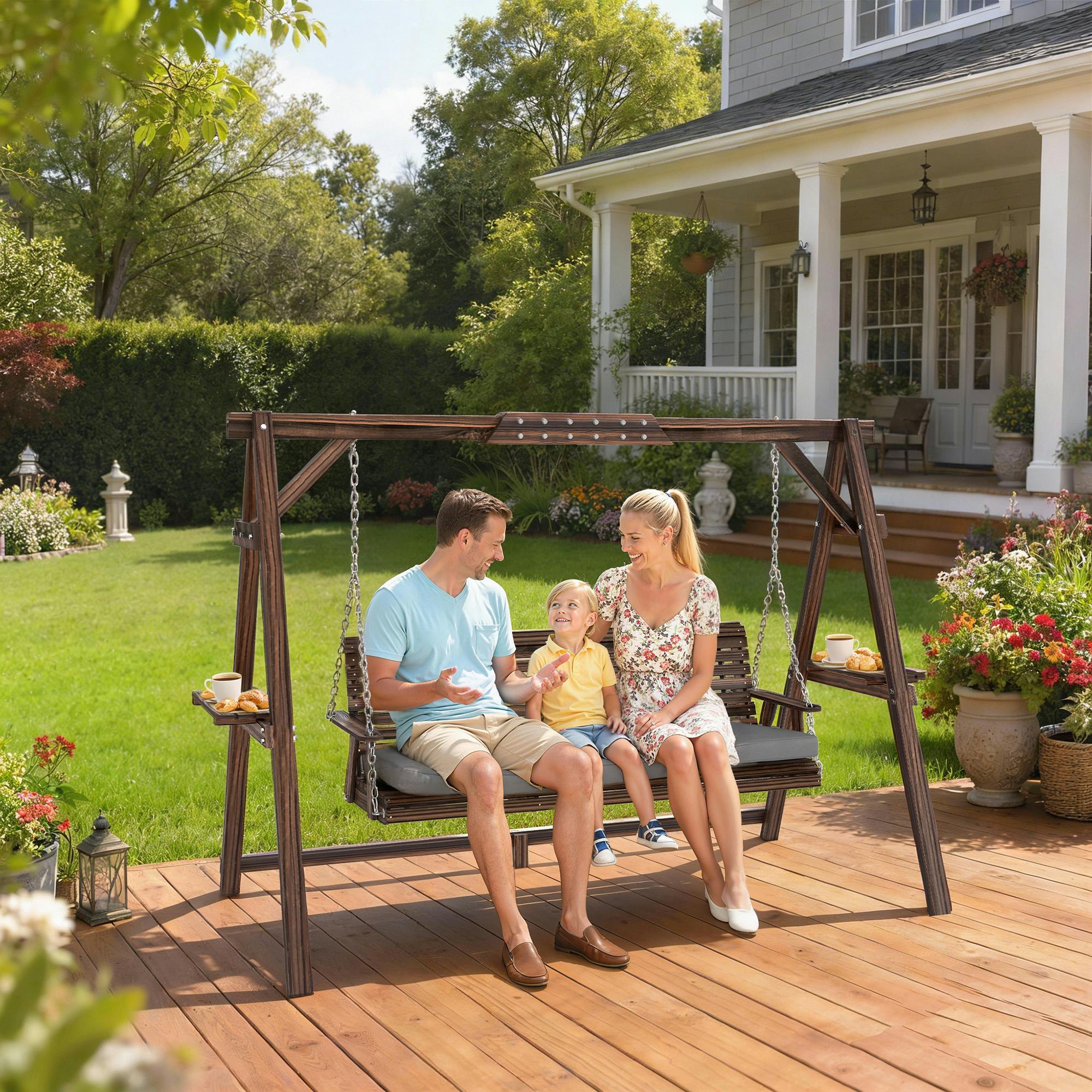 Rackhams 3 Seater Wooden Garden Swing Seat Chair With Side Trays And Cushion - Fir Wood - Swing Bench - Fir Wood