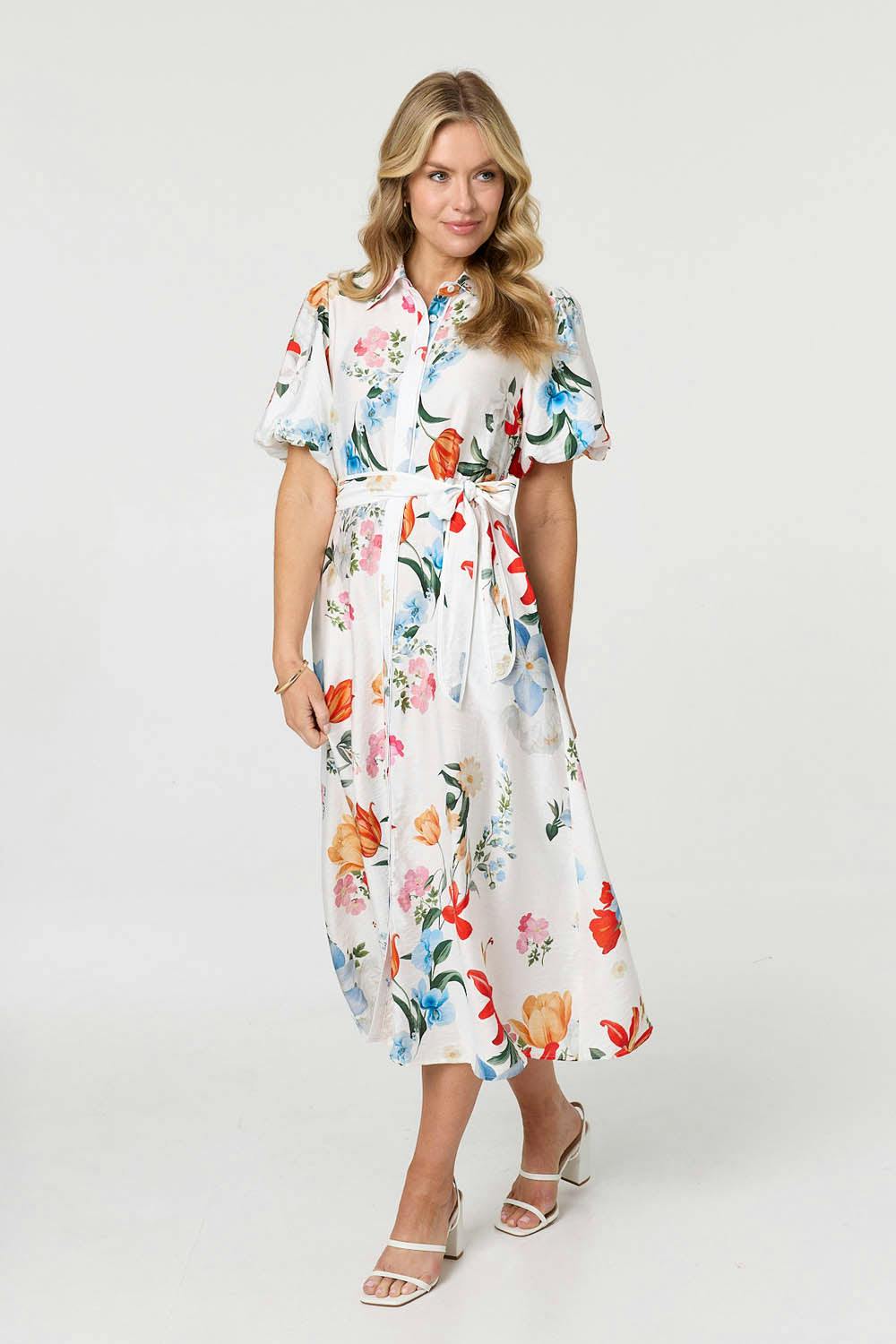 Izabel London White Floral 1/2 Puff Sleeve Midi Shirt Dress - 8