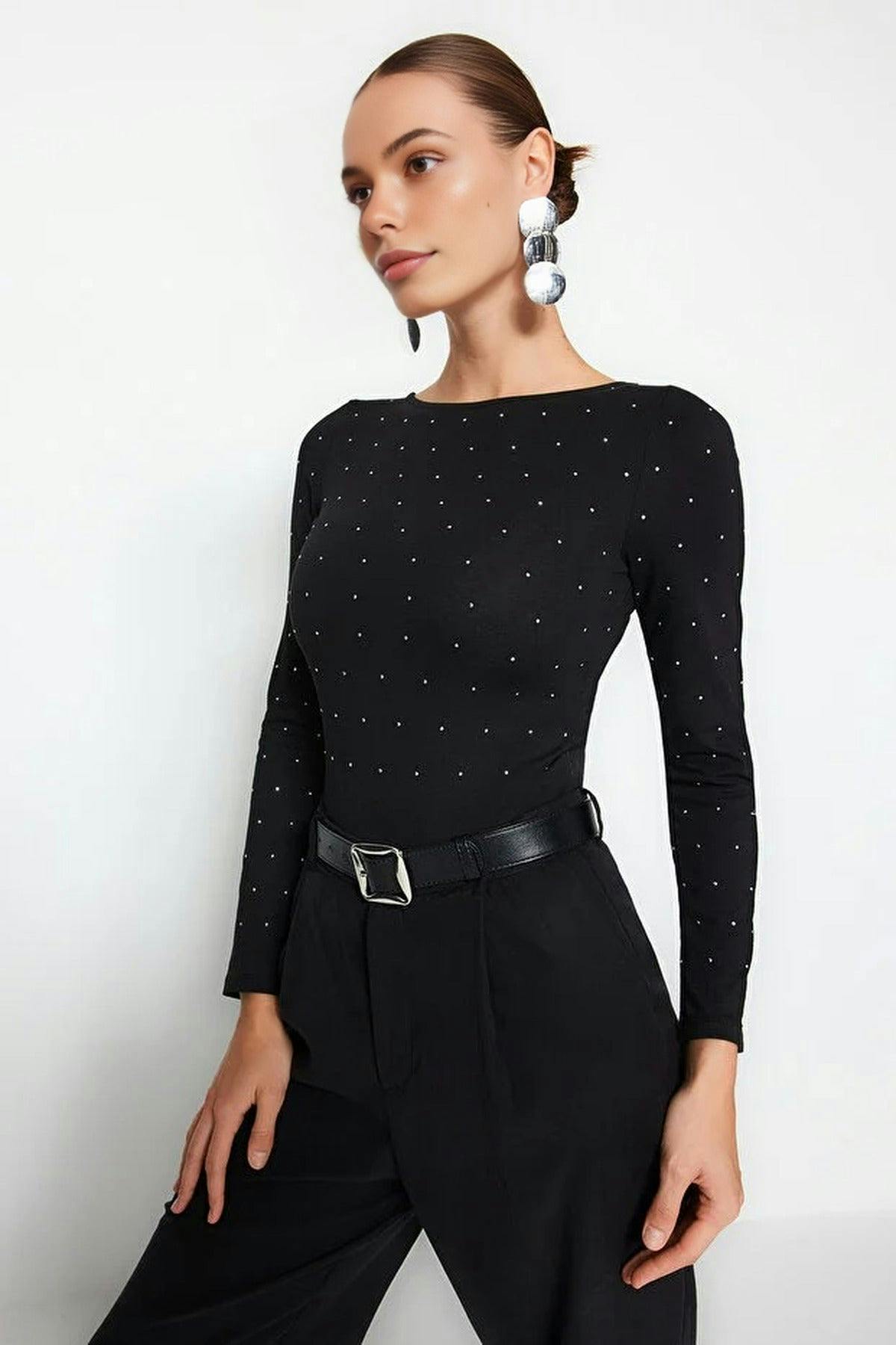 Wovcor Black Cotton Knit Bodysuit With Shiny Stone Detail - Xl