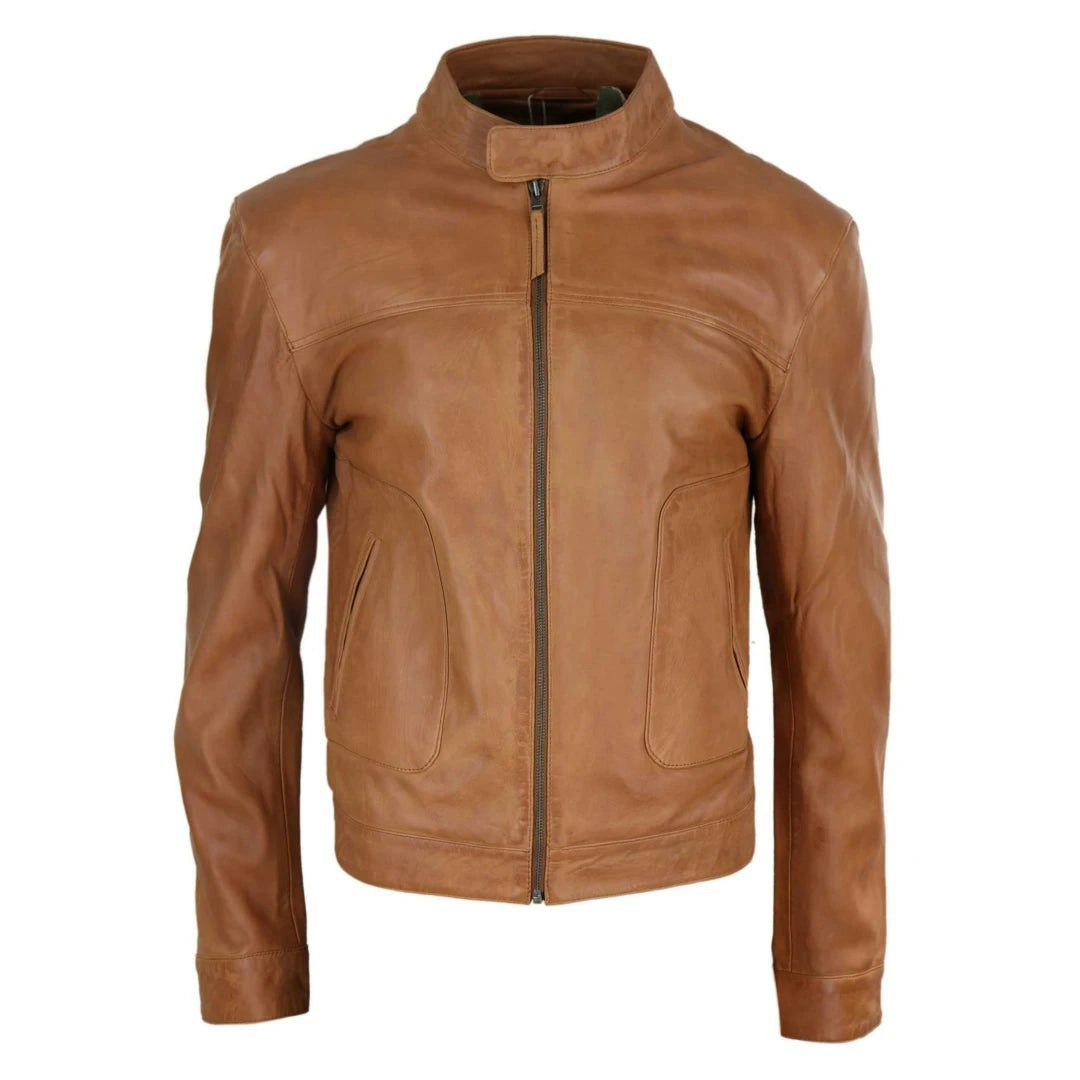 Infinity Leather Men's Leather Company Classic Leather Biker Jacket Collarless - Tan - 5XL