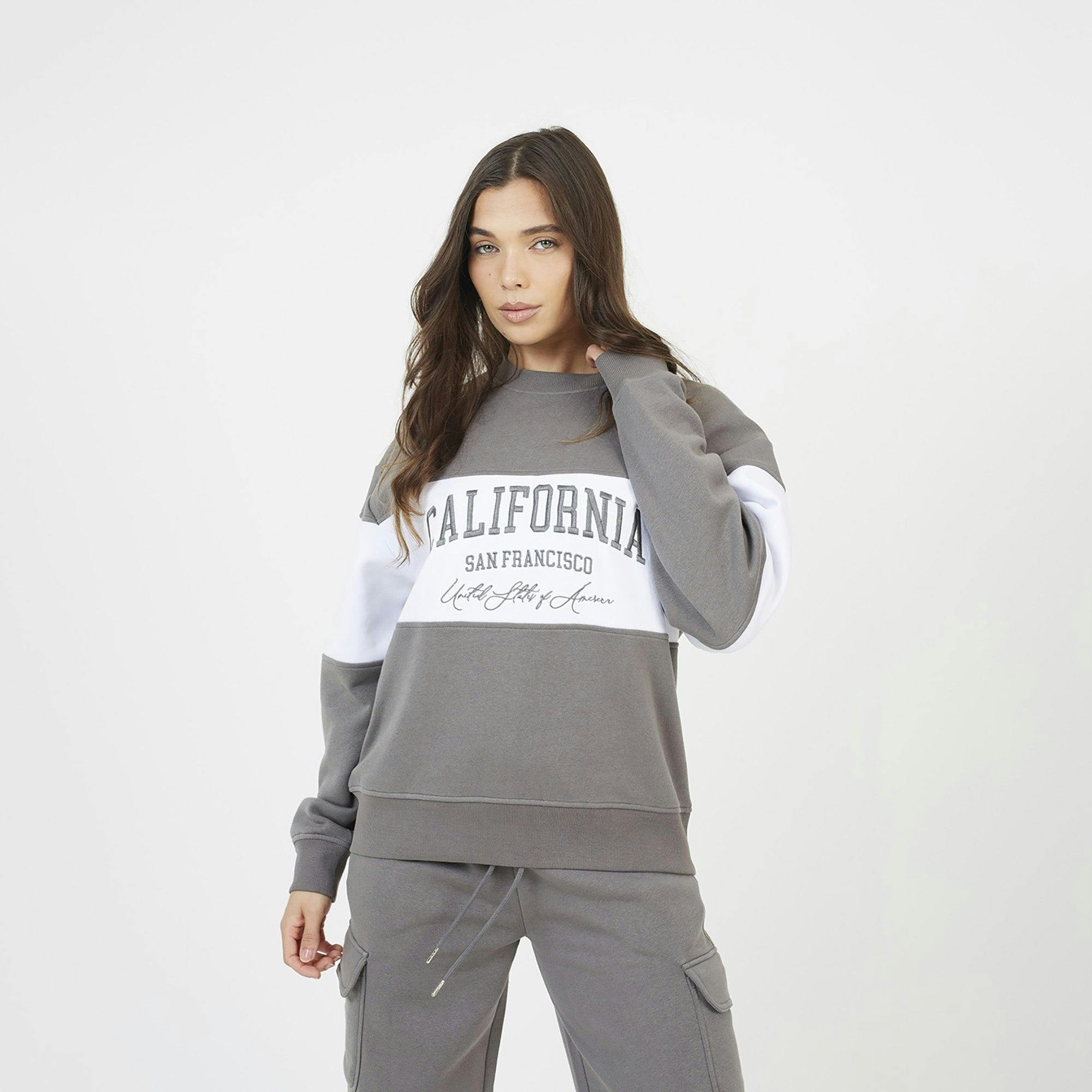 Brave Soul Grey Contrast Stripe Panel Crew Neck Sweatshirt - Xs