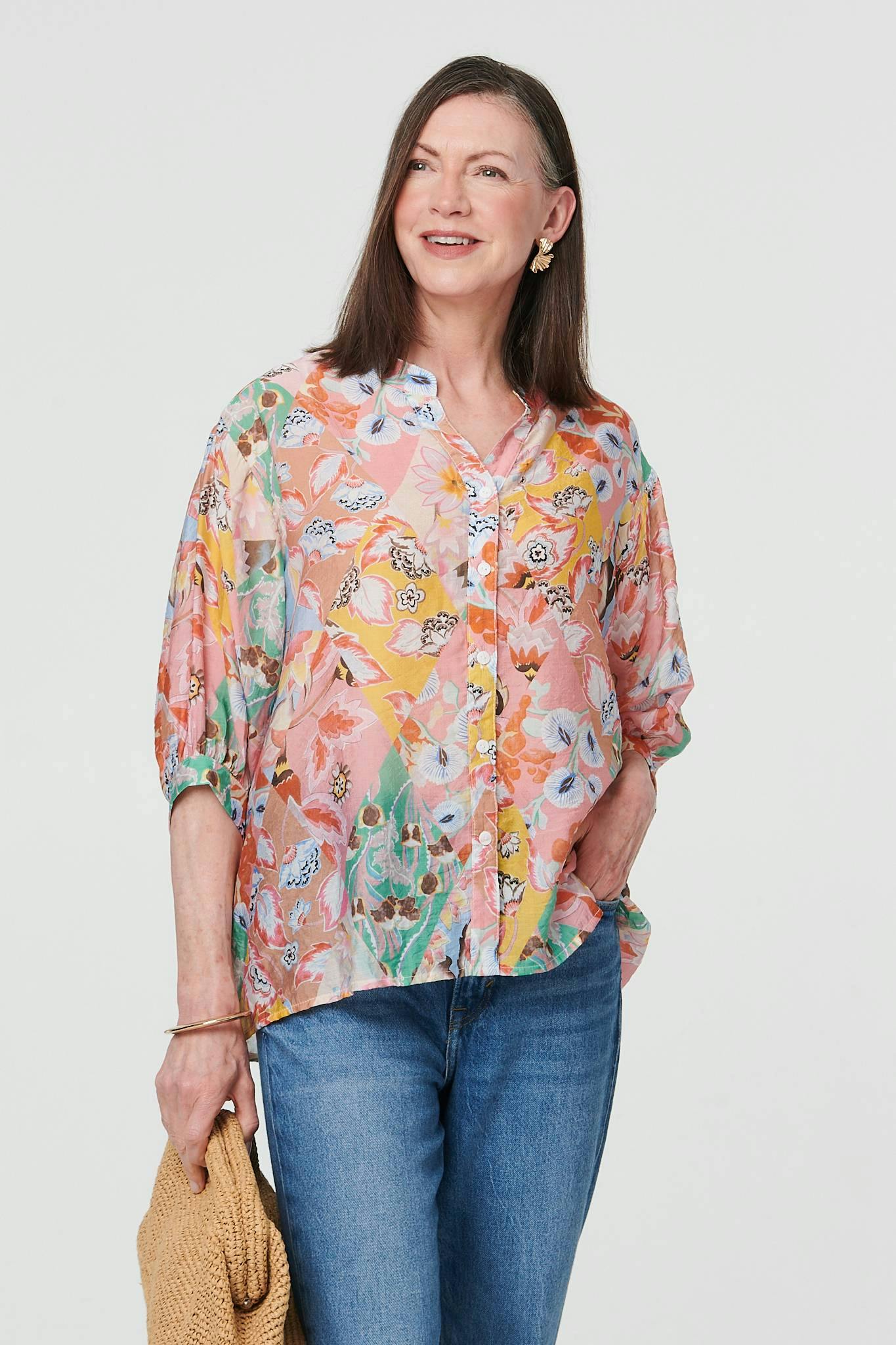 Izabel London Pink Abstract Curved Hem 3/4 Sleeve Blouse - 16