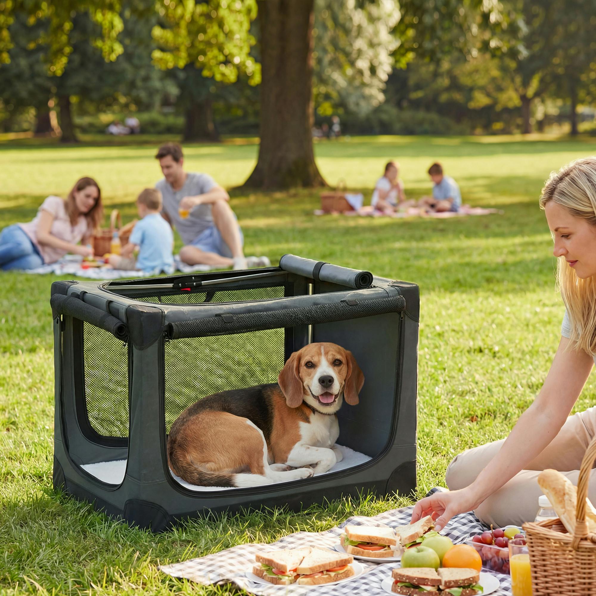 Pawhut Green Collapsible Dog Crate Portable Pet Travel Carrier 76 X 54 X 54 Cm - 1 - Army - 600D Oxford Cloth, Pom Plastic, Stainless Steel