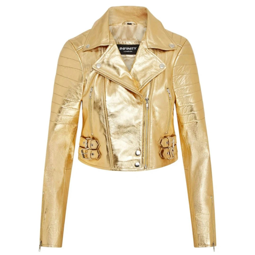Infinity Leather Women's Gold Real Leather Short Cropped Length Biker Jacket - Uk 20