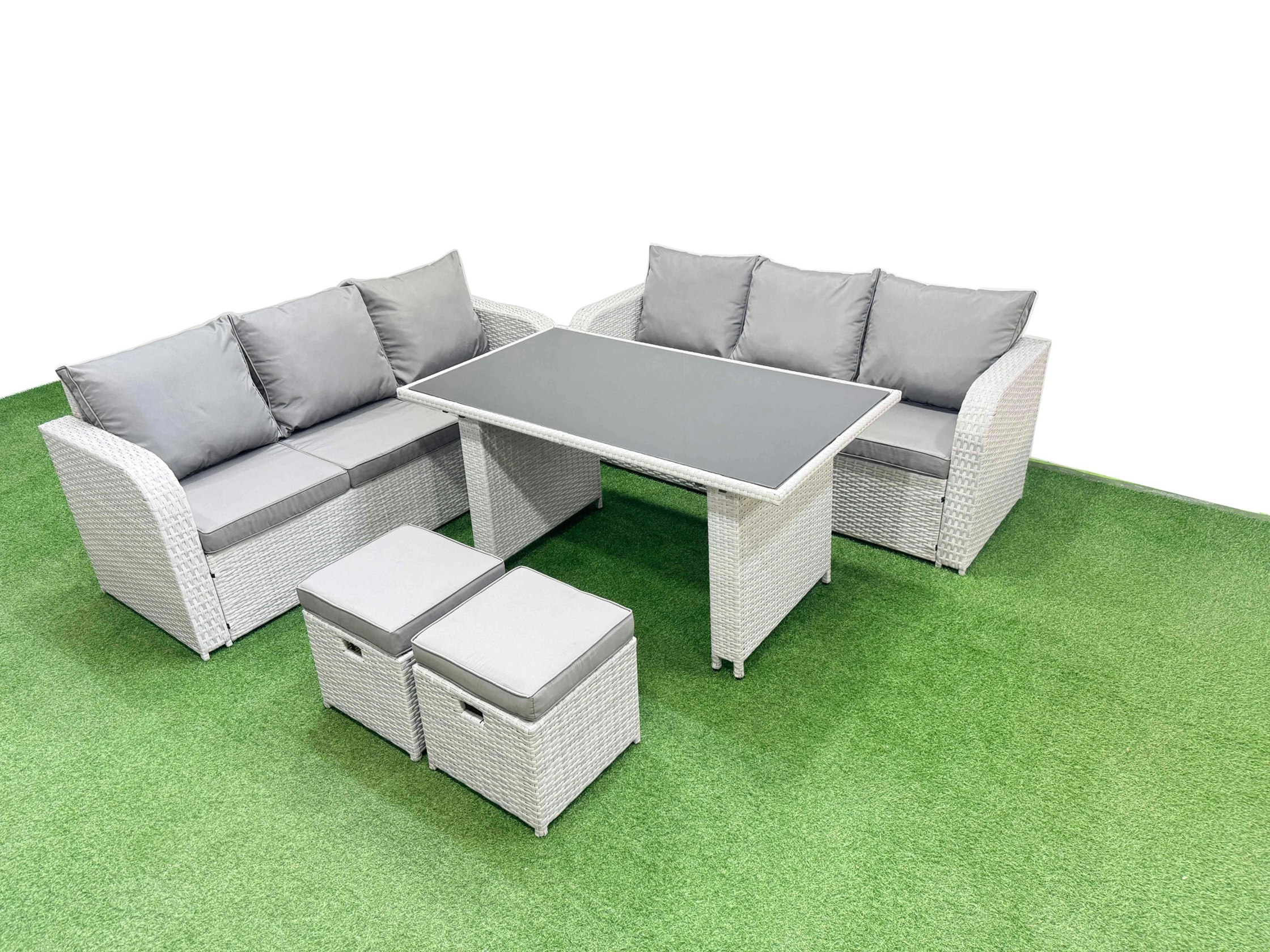 Fimous Light/Grey 8 Seater Rattan Outdoor Dining Table 3 Seater Sofa Set With 2 Small Stools