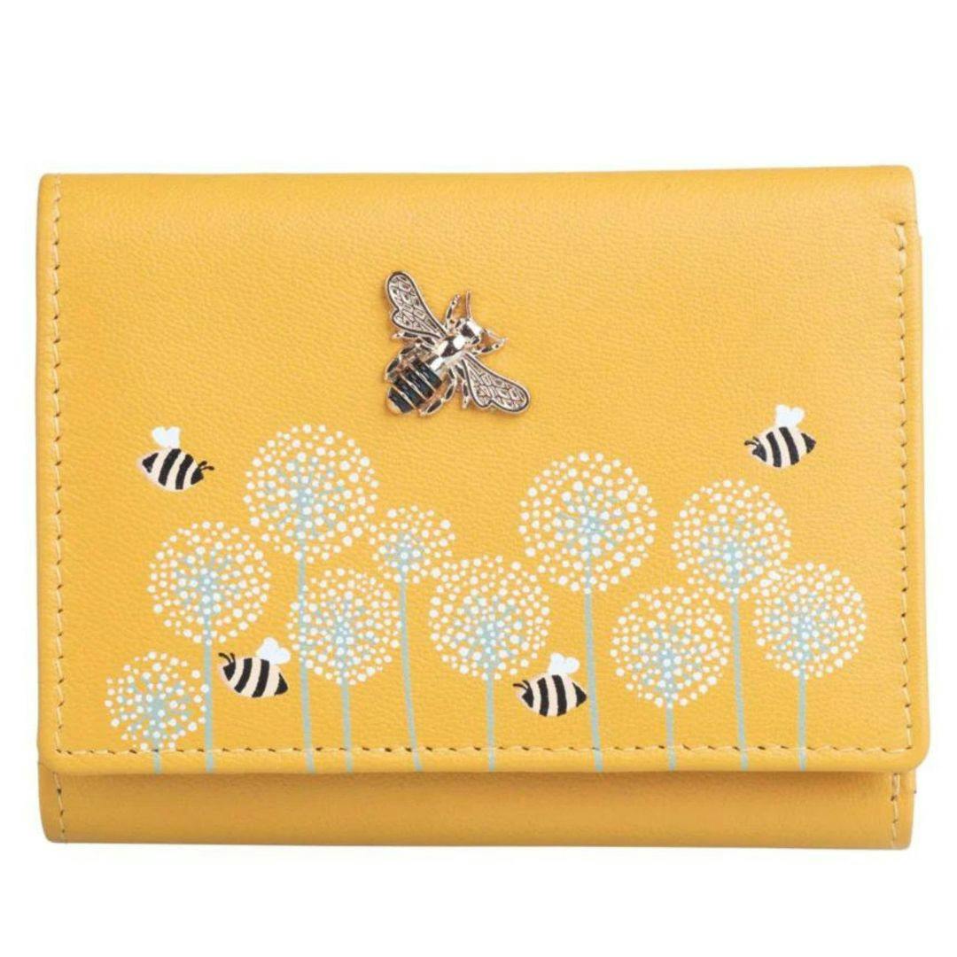 Mala Leather Yellow Moonflower Compact Bee And Floral Leather Rfid Purse