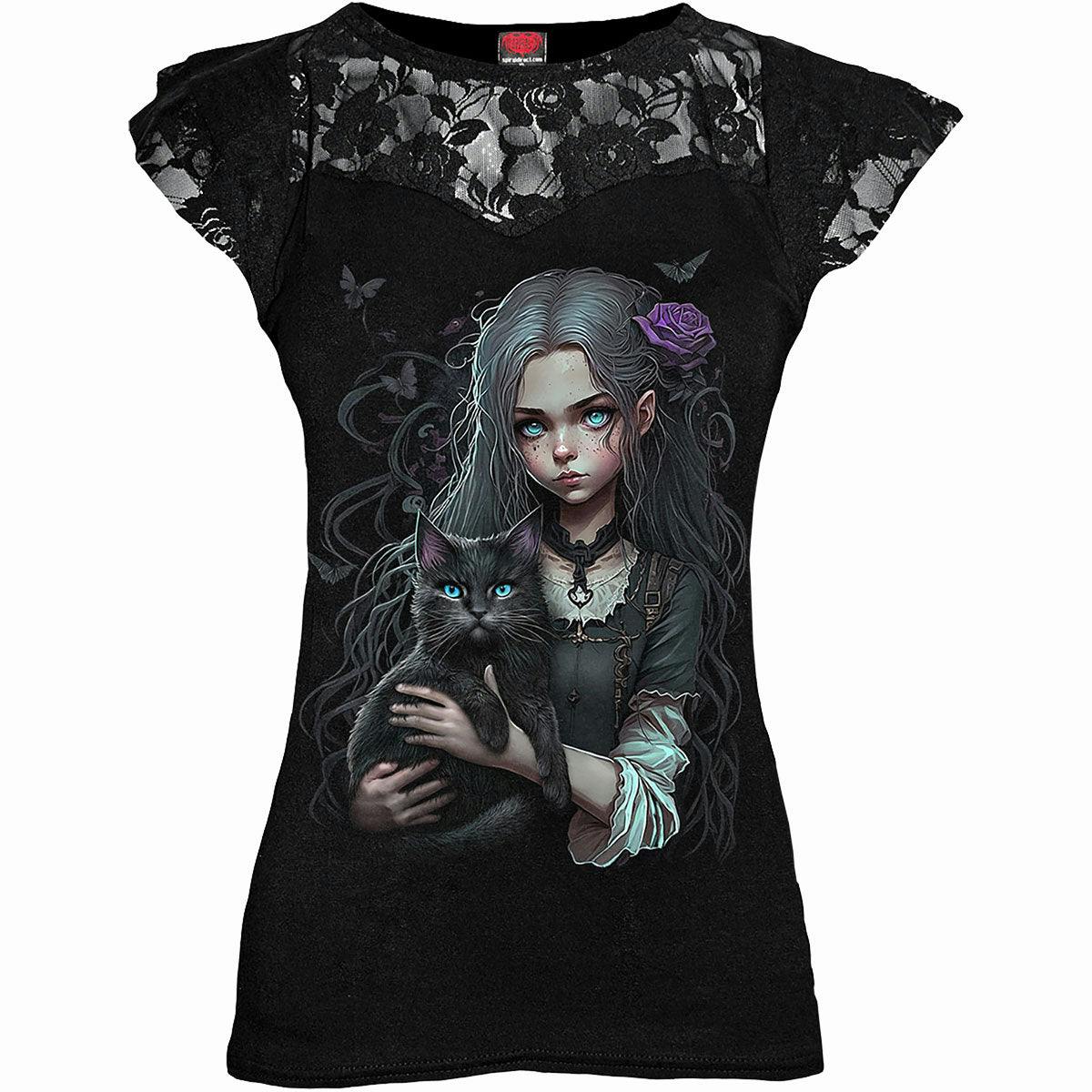 Spiral Direct Black Goth Familiar - Lace Layered Cap Sleeve Top - Xl - Digital - Digital