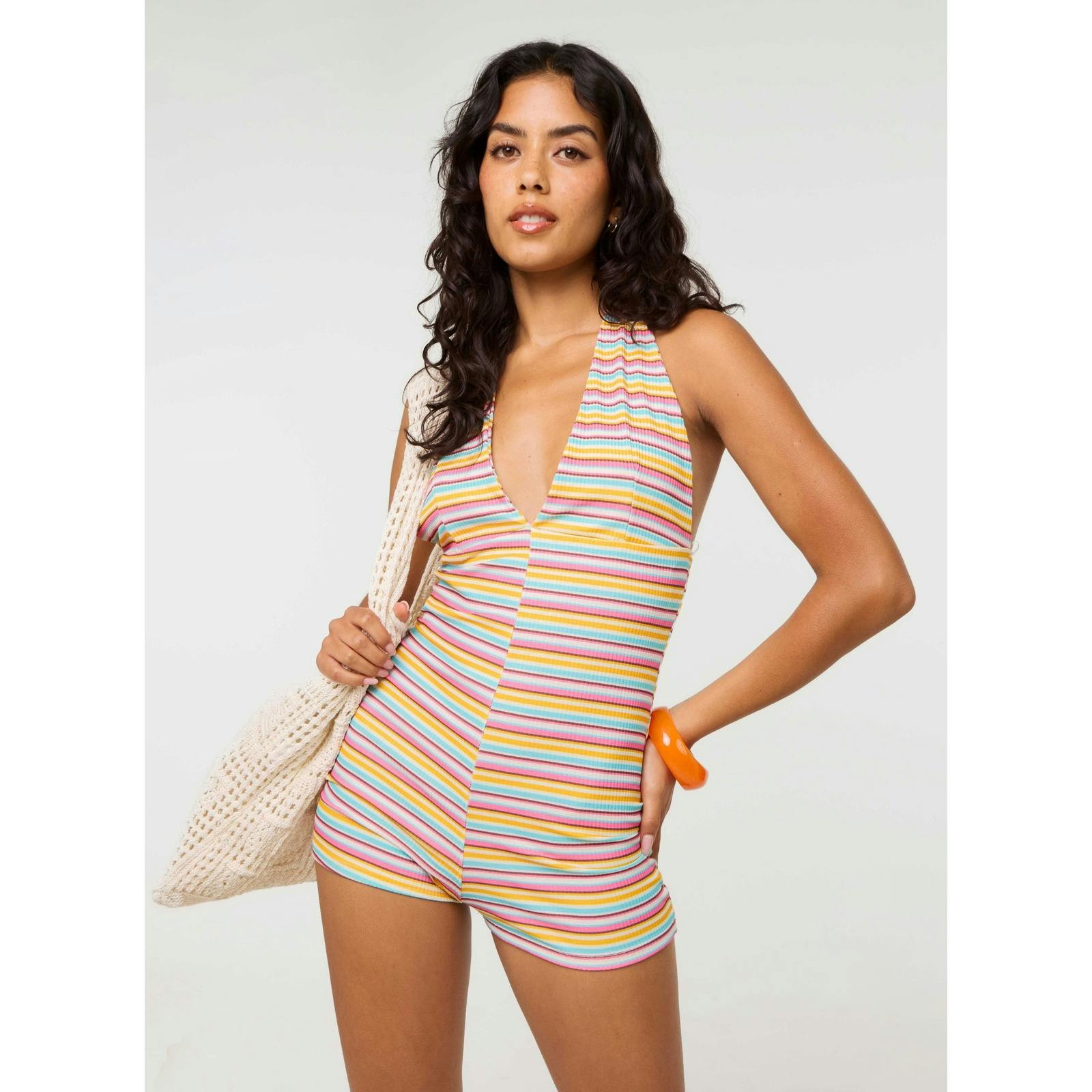 Pink Vanilla Multi Stripe Halter Playsuit - M-L - Multicoloured