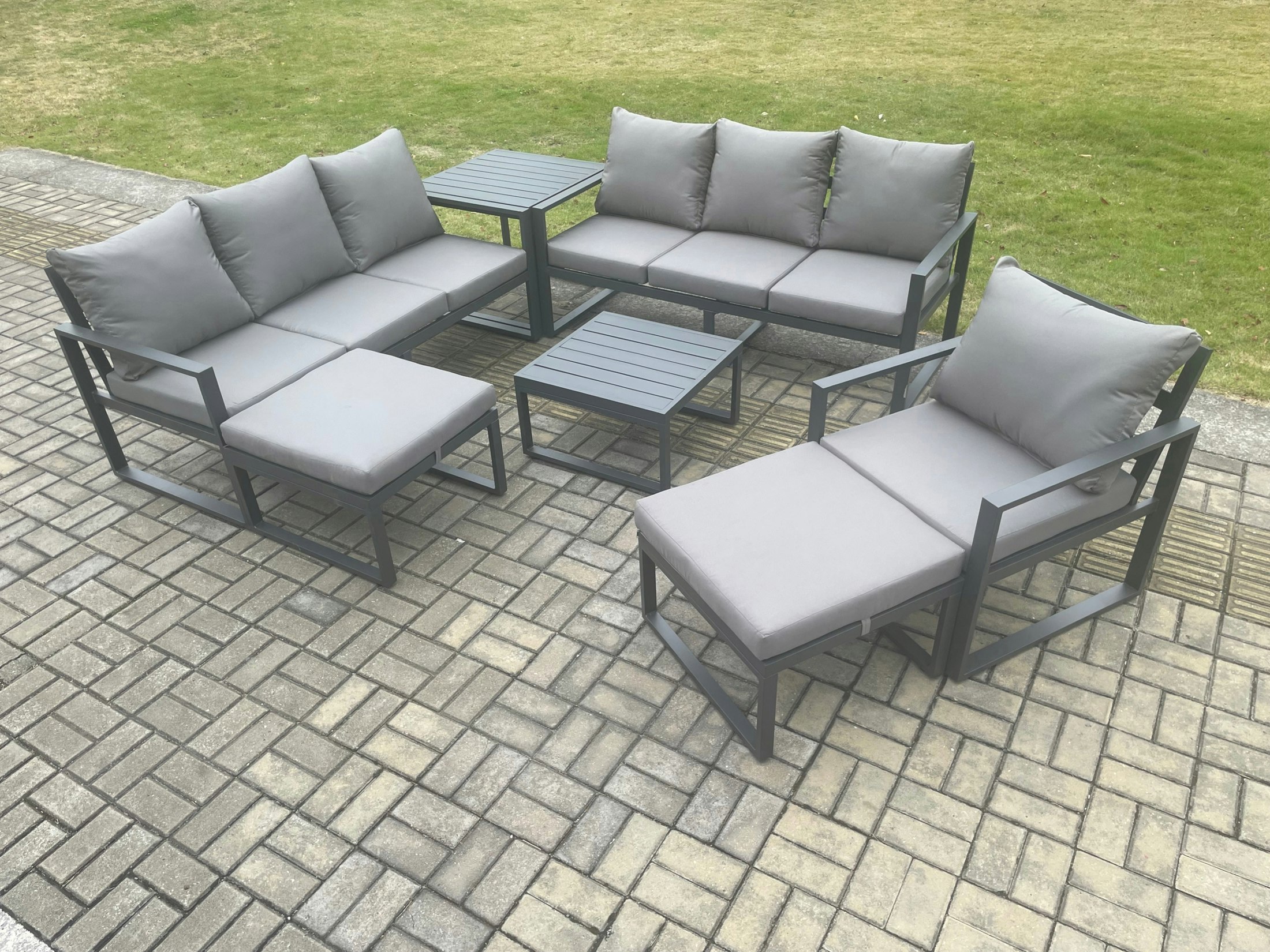 Rackhams Dark/Grey Aluminium Outdoor Lounge Sofa Set Garden Furniture Sets With Square Coffee Table Chair 2 Big Footstools Side Table