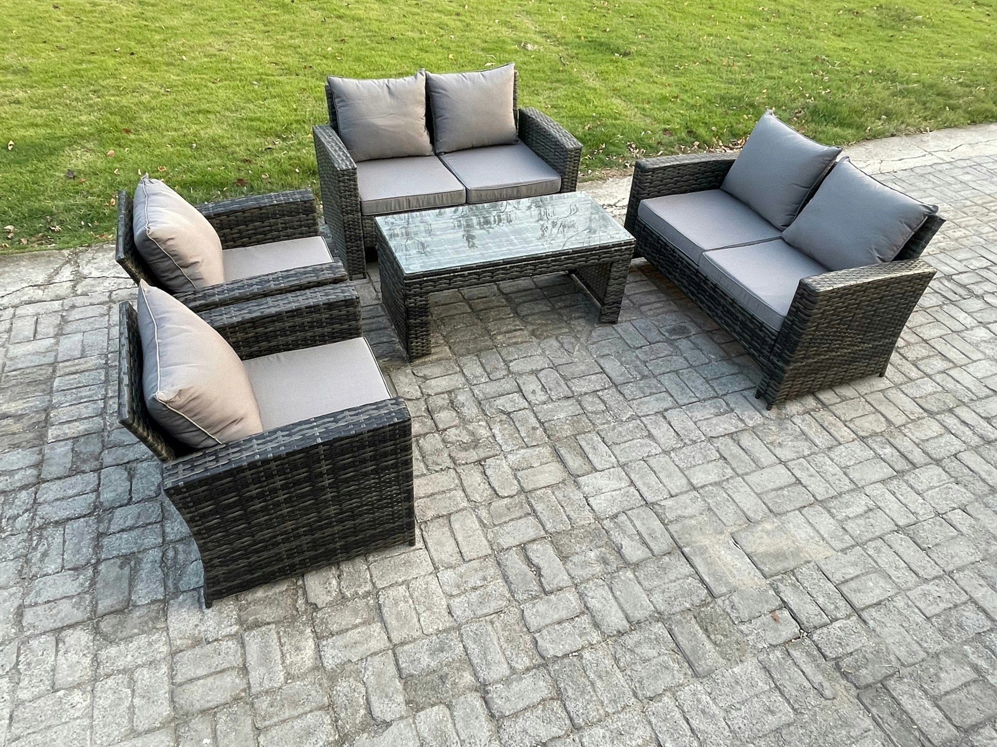 Rackhams Dark/Grey 6 Seater Mixed High Back Rattan Sofa Set Coffee Table Garden Furniture Outdoor Patio With Love Sofa Arm Chairs
