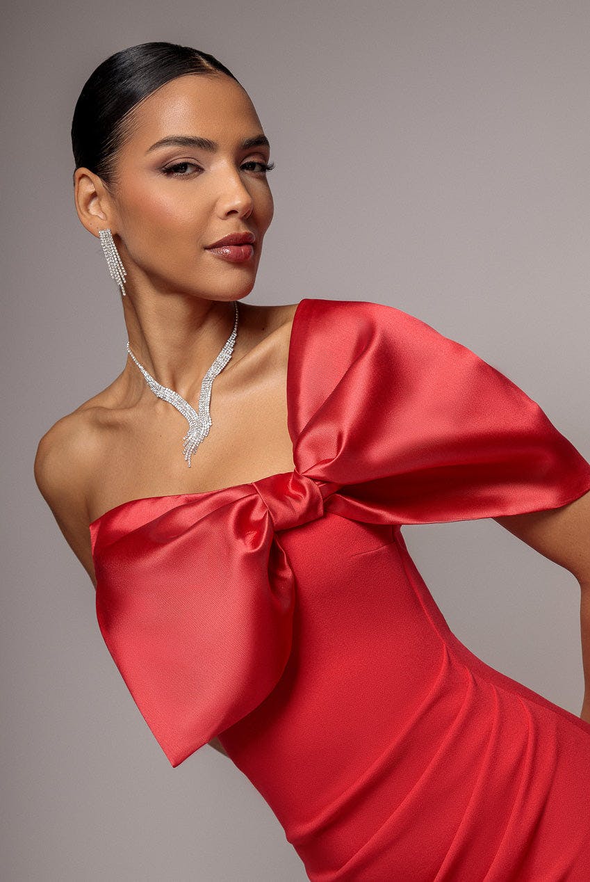 Goddiva Red Off The Shoulder Satin Bow Neck Maxi Dress - By - 16