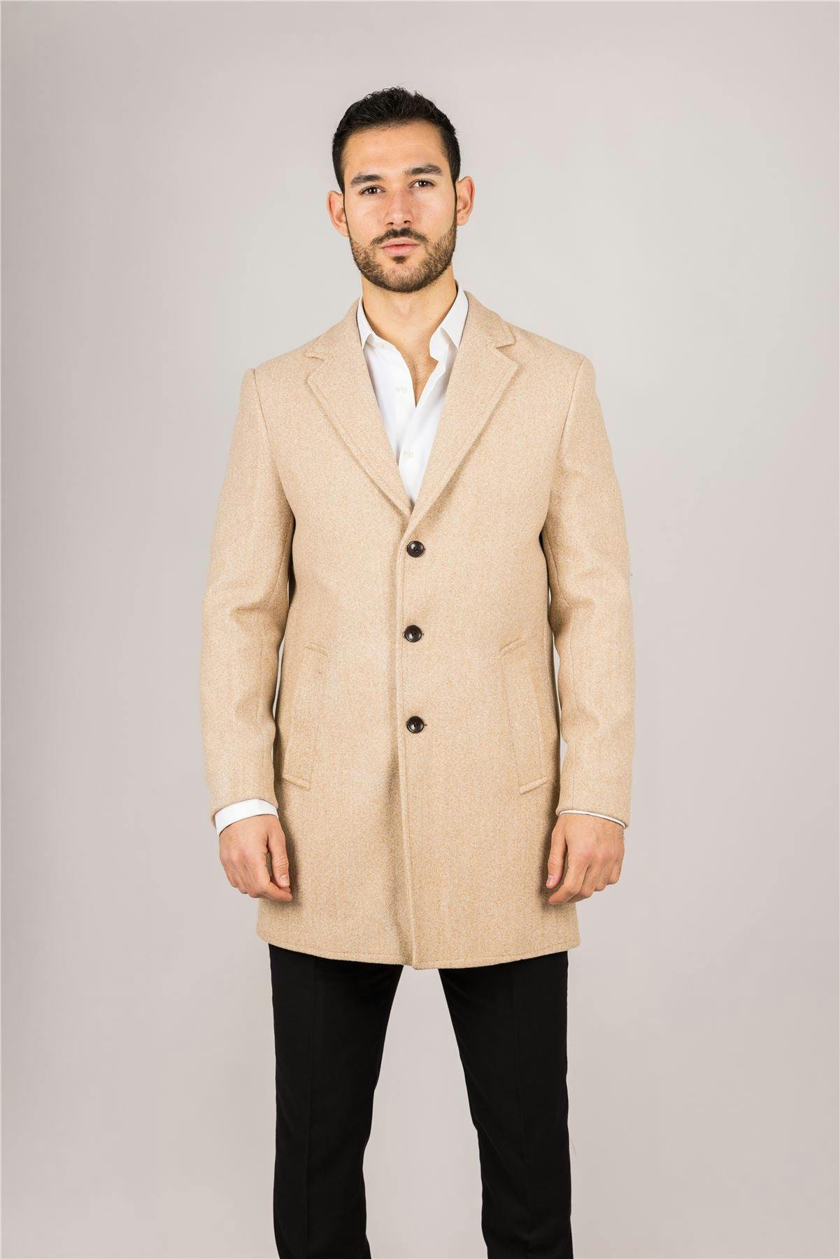 Infinity Leather Men's Beige Notched Lapel Collar Wool Blend Overcoat - 46