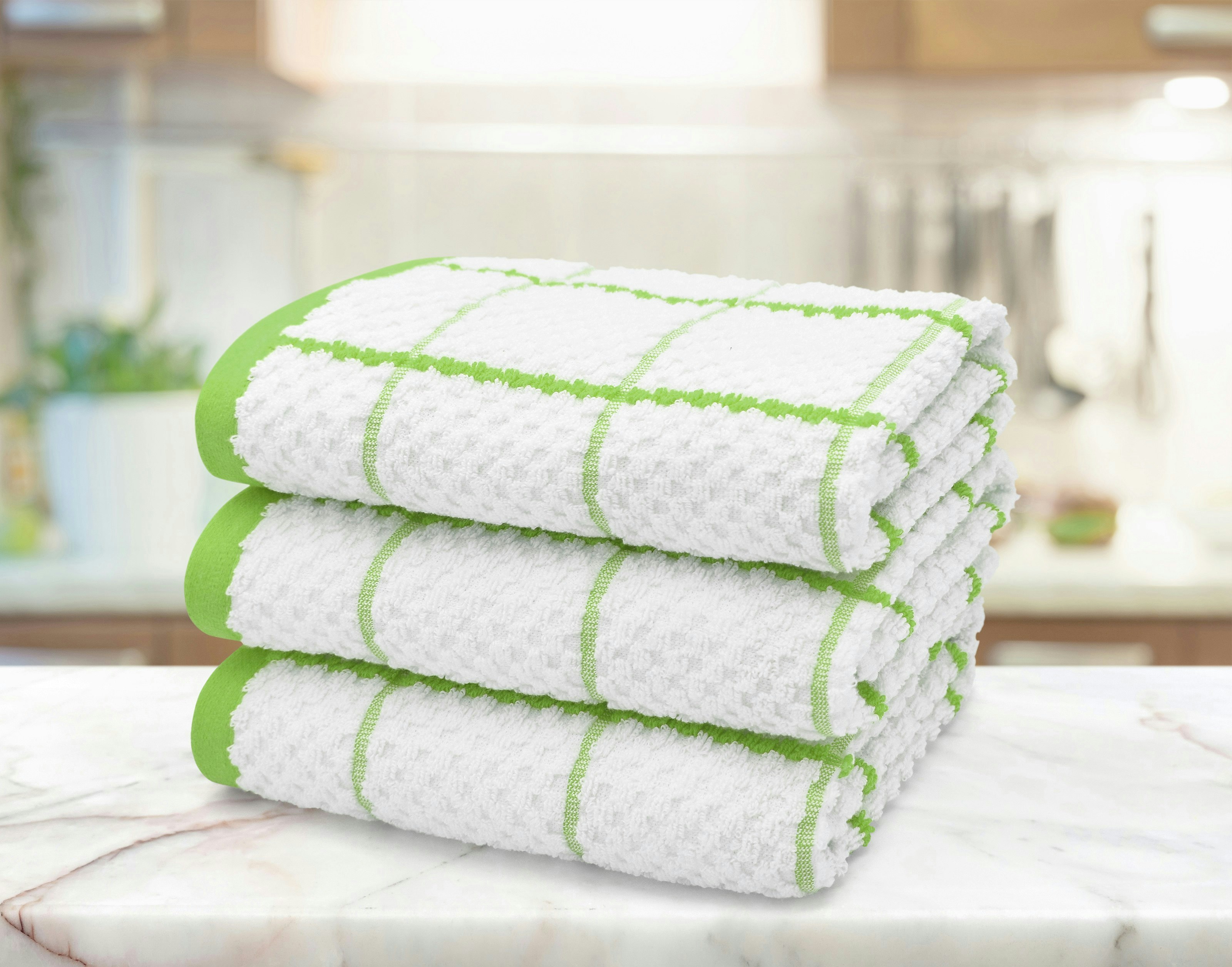 Velosso Embroiderd Woven Checked Cotton Tea Towel 3 Pack - Lime - One Size