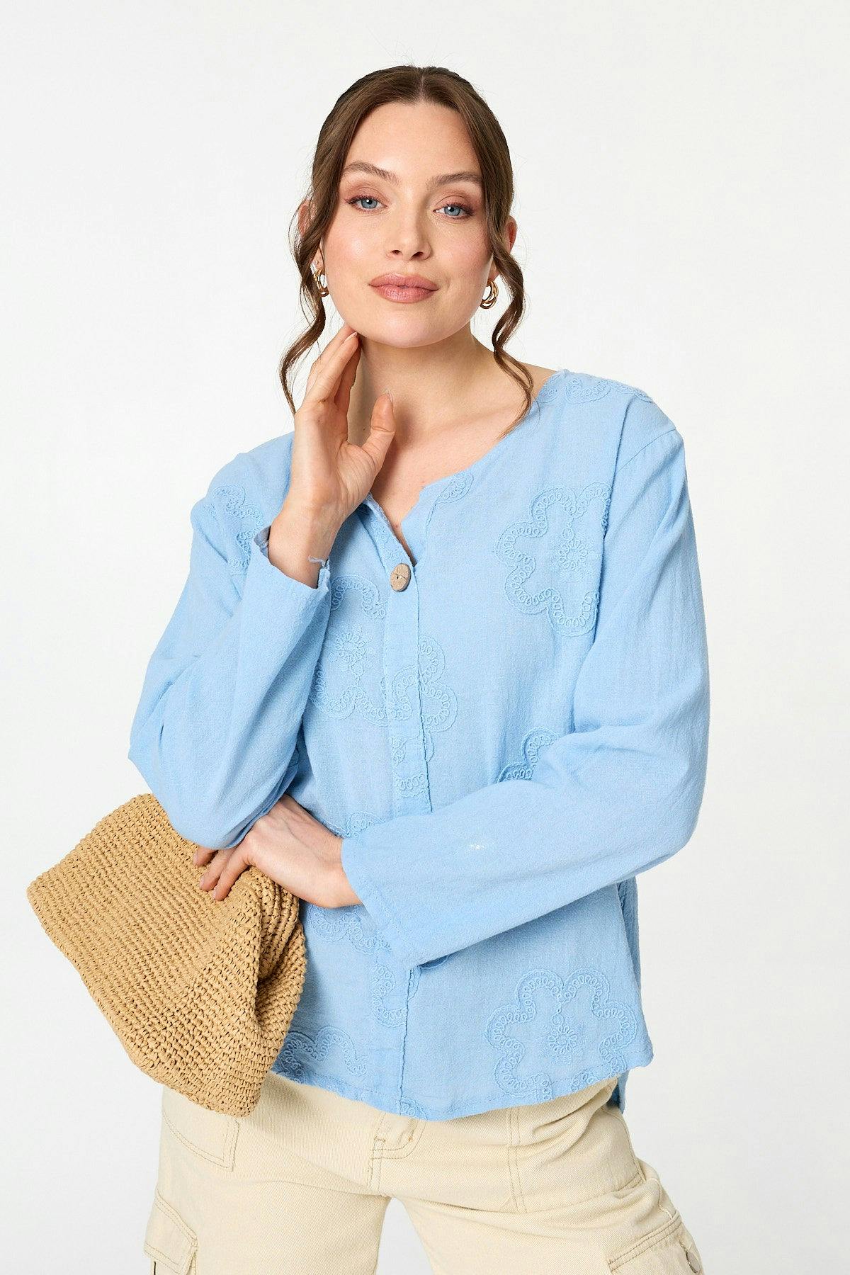 Izabel London Light/Blue Floral Embroidered Relaxed Blouse - S