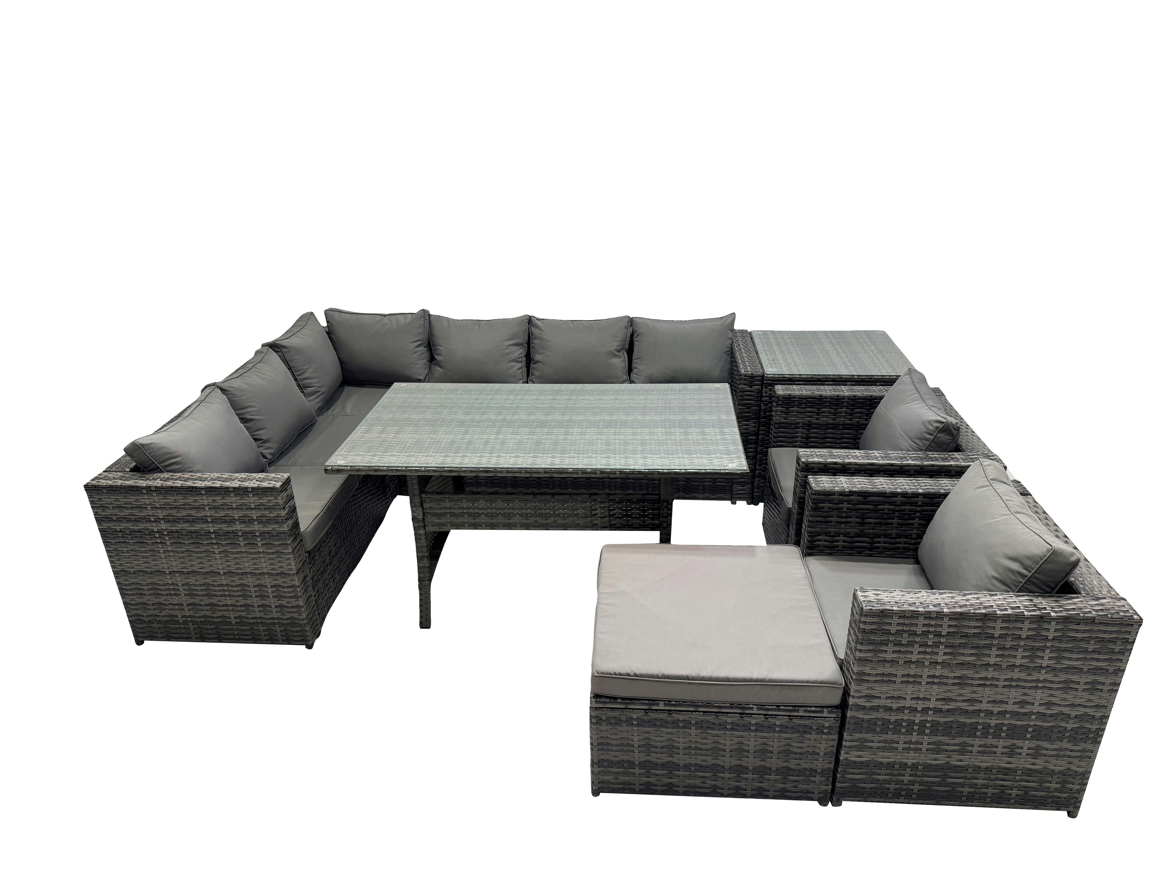 Rackhams Dark/Grey Outdoor Pe Rattan Sofa Set With Dining Table Patio Garden Furniture Sets With Big Stool Side Table Mixed