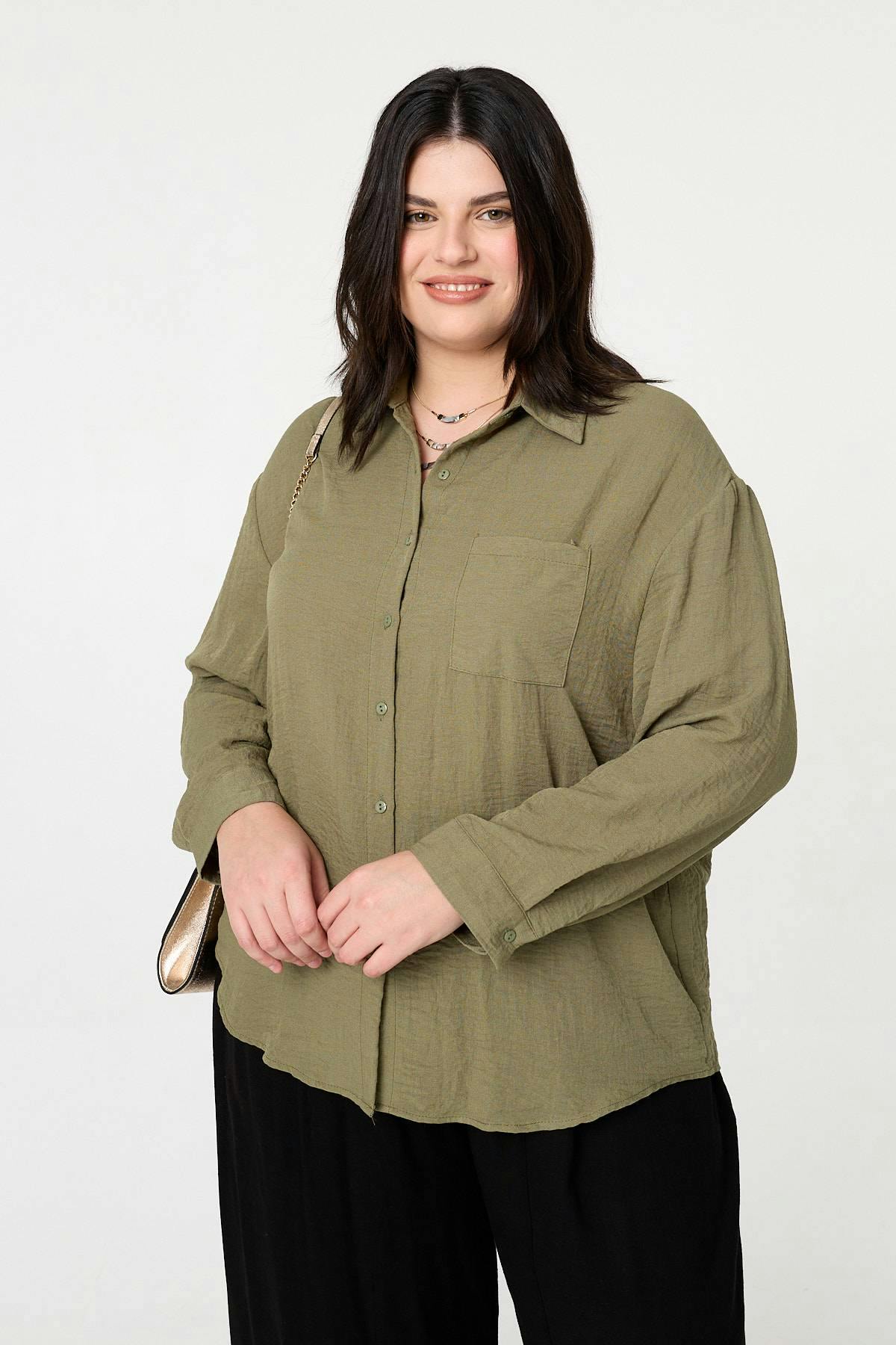 Izabel London Curve Long Sleeve Relaxed Shirt - 20/22 - Khaki