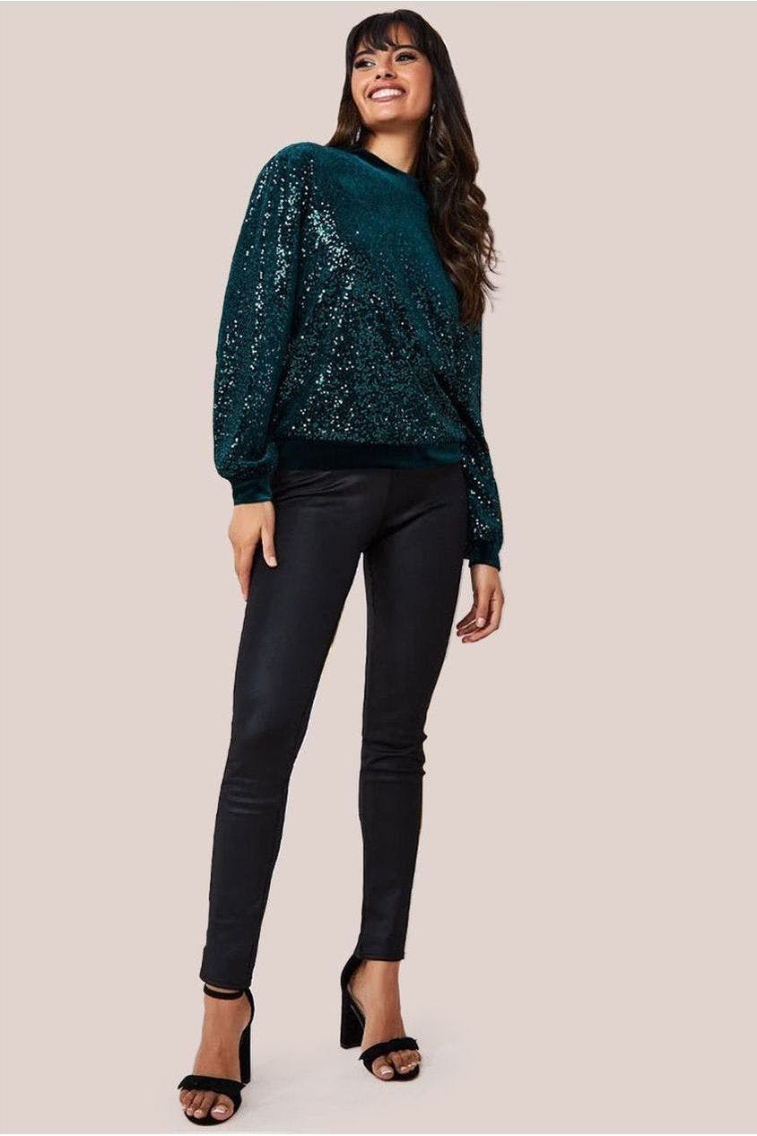 Goddiva Green Sequin Velvet Jumper - Emerald By - Emerald - 16