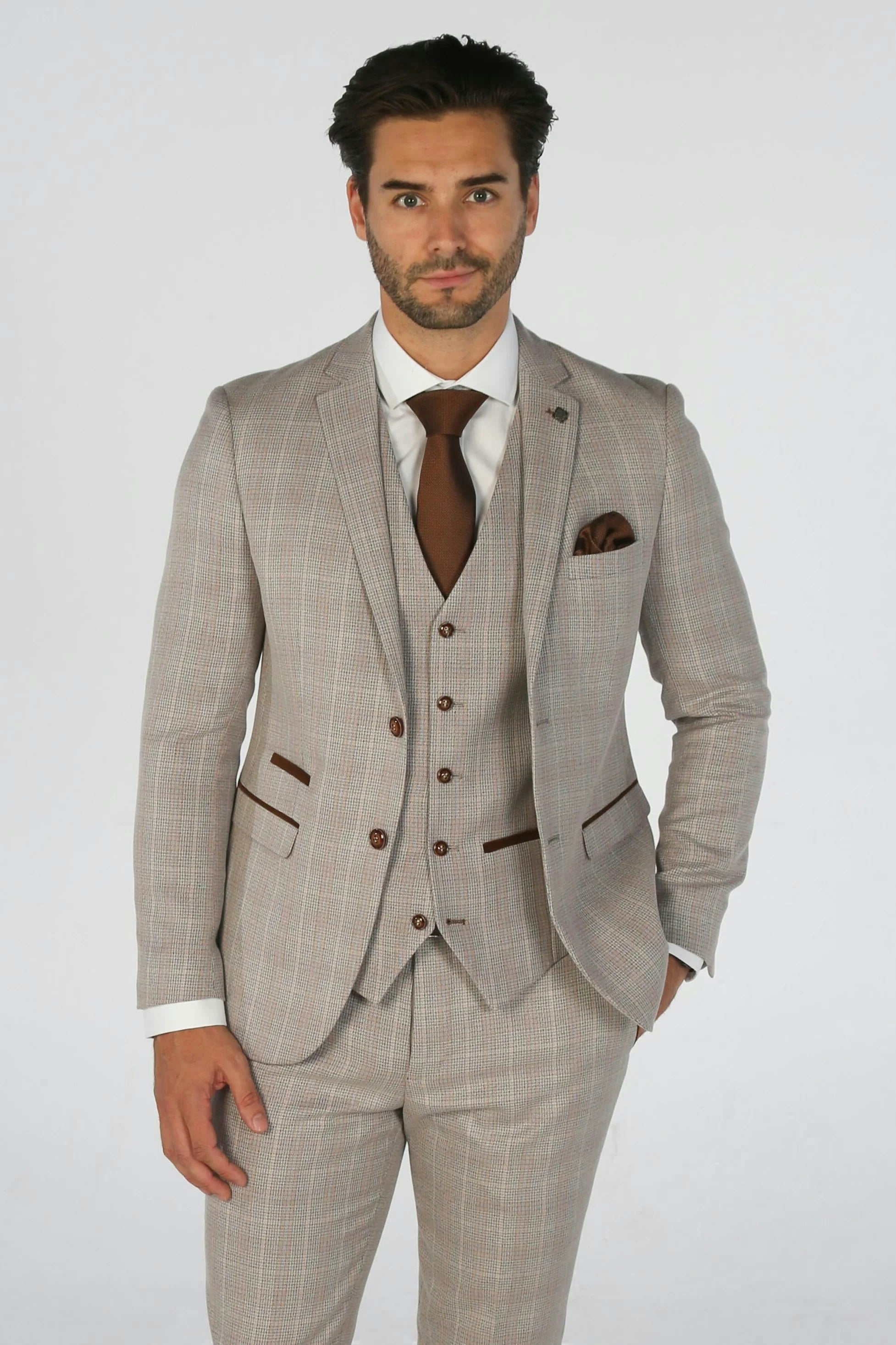 Paul Andrew Men's Beige Leo - Checked Tailored Fit Blazer - 46