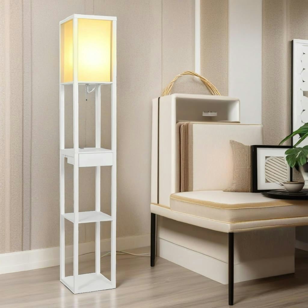 Rackhams Grey Modern Floor Lamp With 3 Shelves And Usb Ports