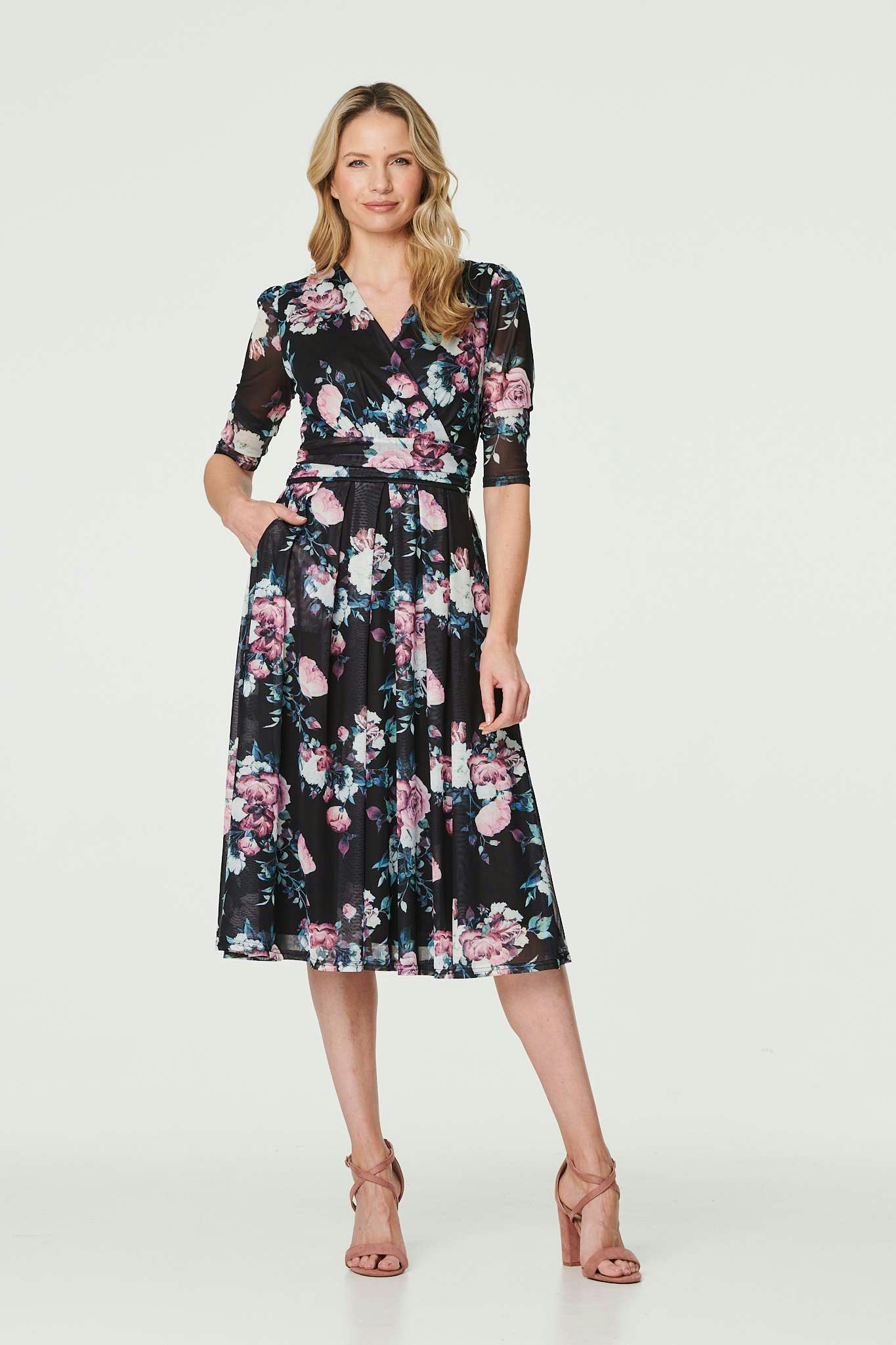 Izabel London Black Floral Ruched Midi Tea Dress - 12