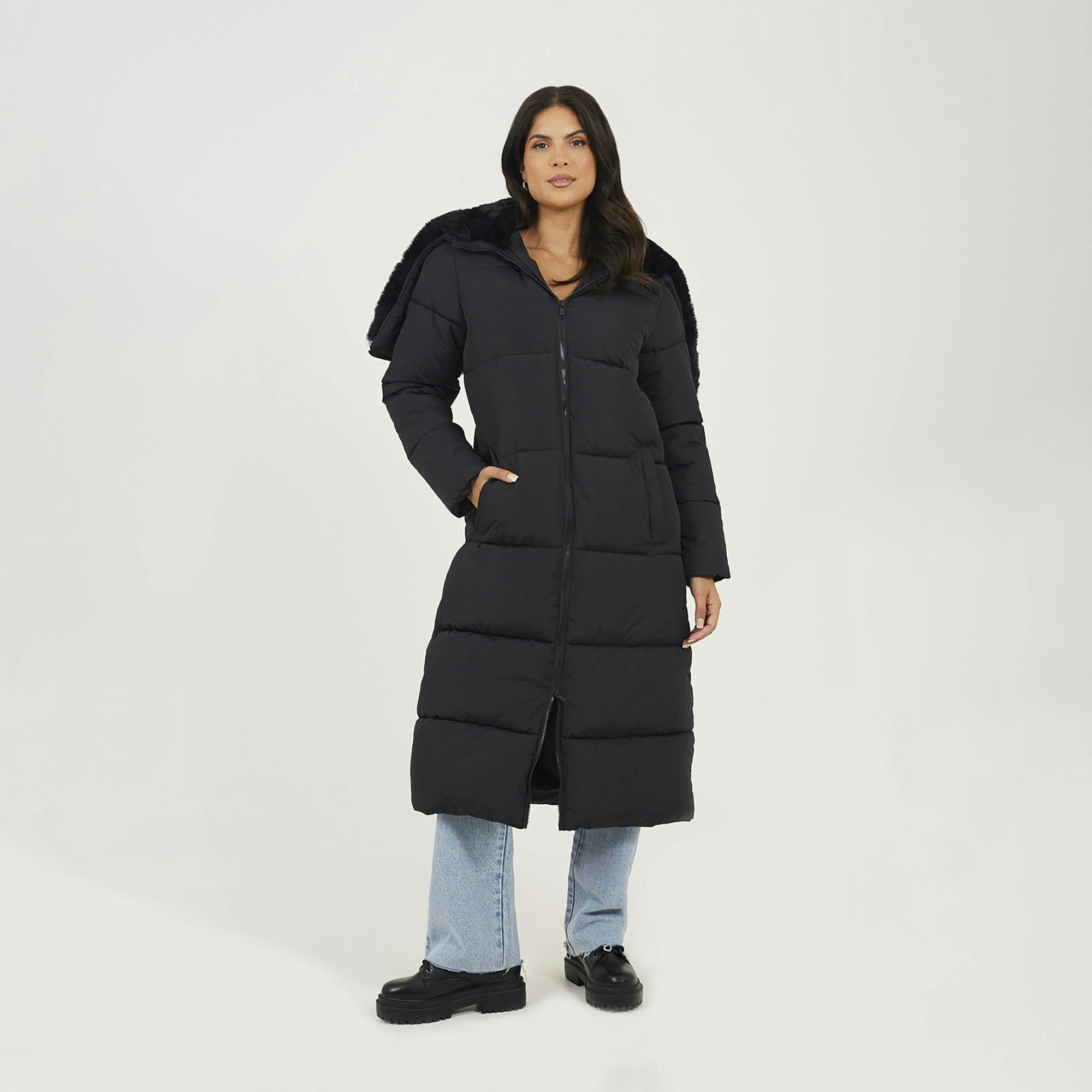 Brave Soul Black Maxi Padded Jacket With Split Hood - 12