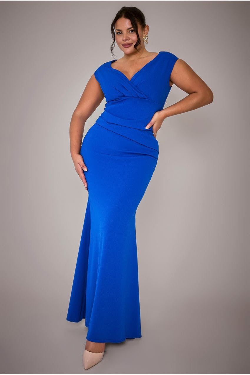 Goddiva Plus Blue Bardot Pleated Maxi Dress - Royal By - Royal - 24