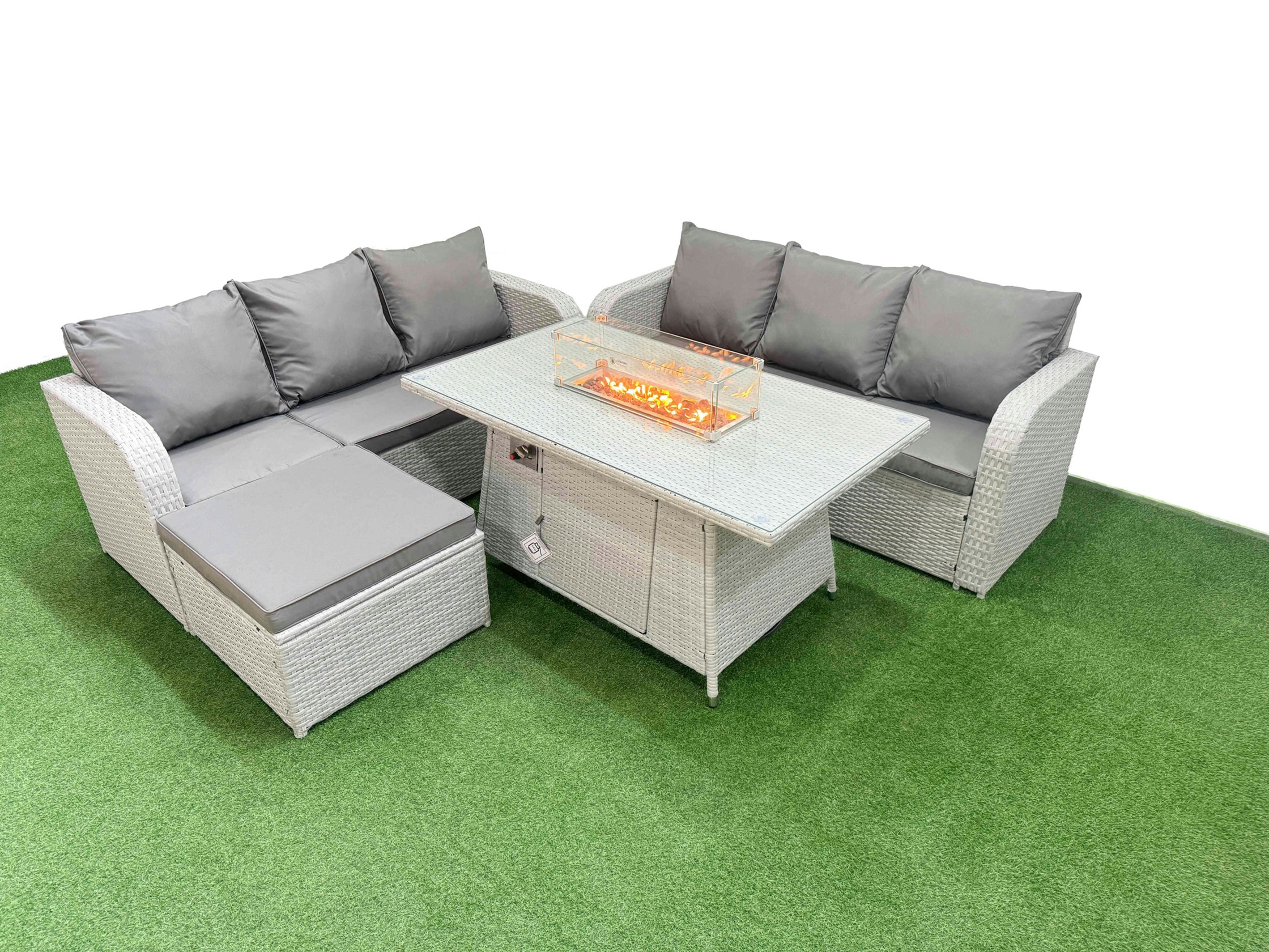 Rackhams Light/Grey Outdoor Garden Furniture Sets 7 Seater Rattan Furniture Sofa Sets With Fire Pit Dining Table High Back Lounge Sofa Big Footstool