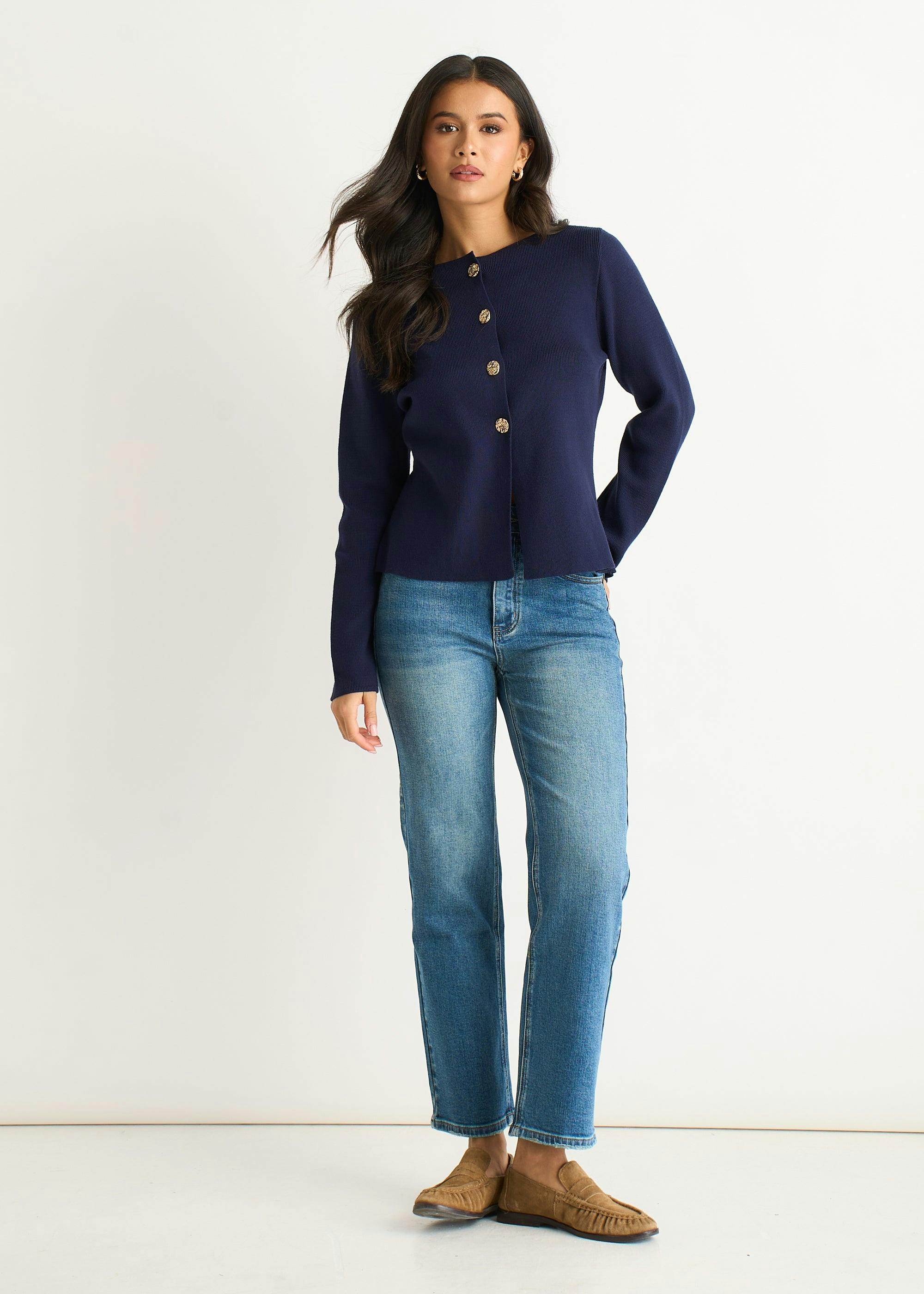Gini London Women's Blue Navy Button Front Compact Knit Cardigan In | Size: Medium/Large - Image 3