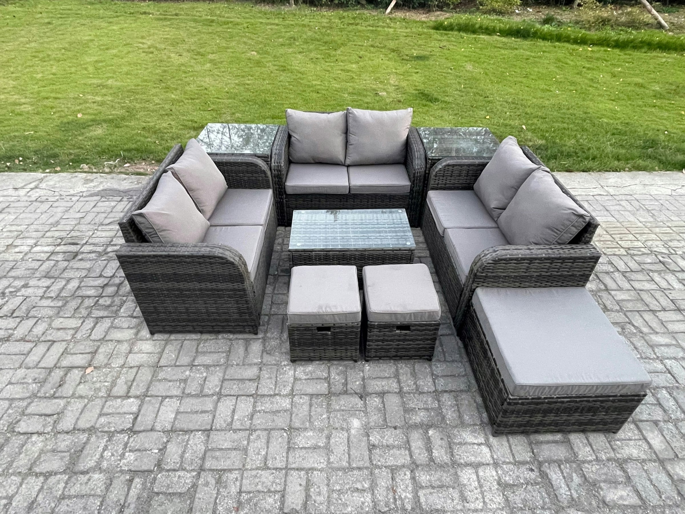 Rackhams Dark/Grey Wicker Pe Rattan Garden Furniture Set Outdoor Lounge Sofa Set With Love Sofa Coffee Table 2 Side Tables 3 Footstools Mixed