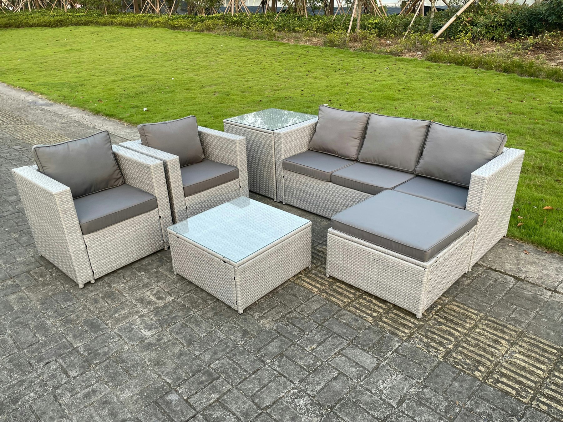 Rackhams Light/Grey 6 Seat Lounge Outdoor Pe Rattan Garden Furniture Set Wicker Sofa Set Square Coffee Table Armchair