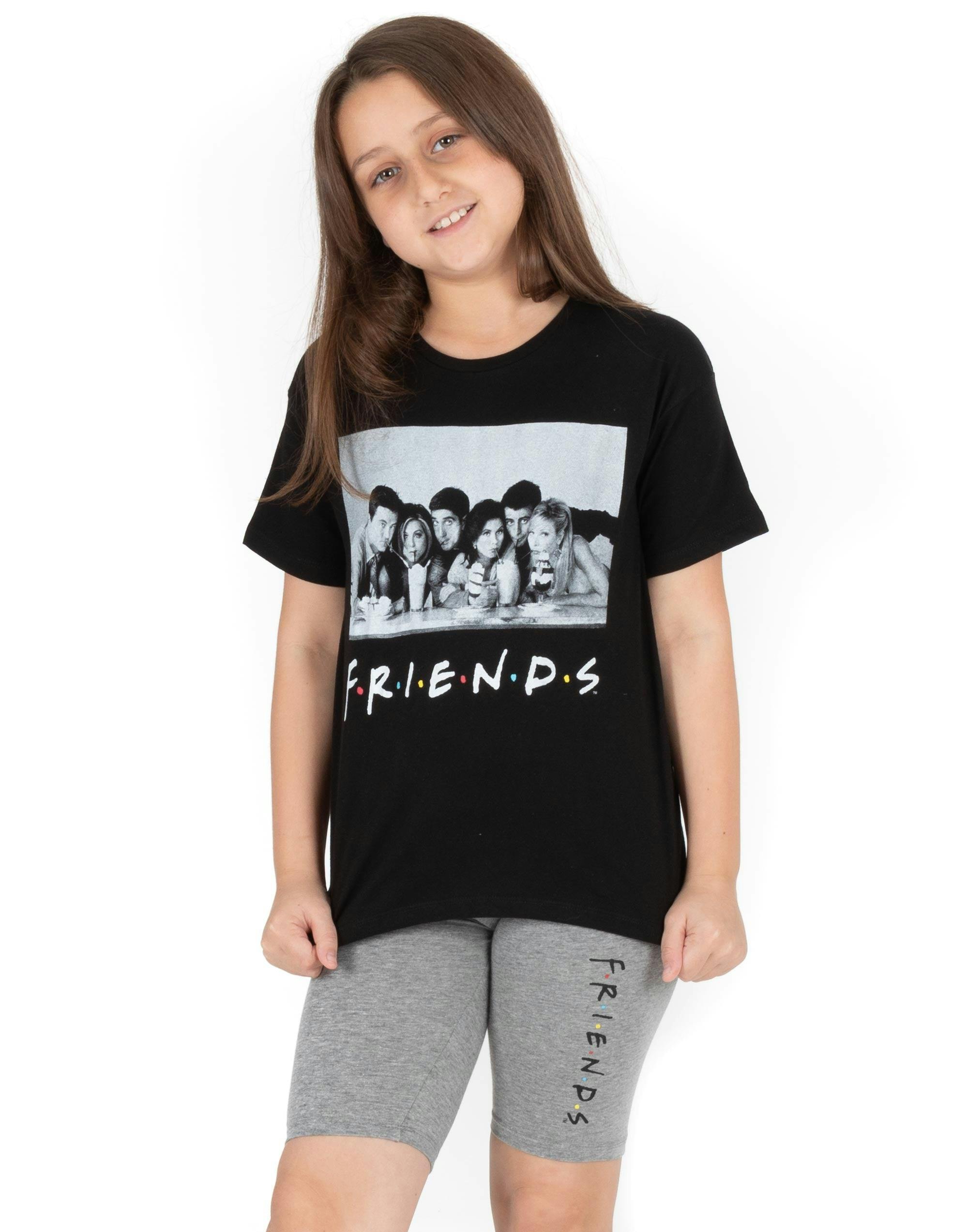 Vanilla Underground Girls Black Friends Short Sleeve Cycling Short Pyjama Set - 9-10 Years