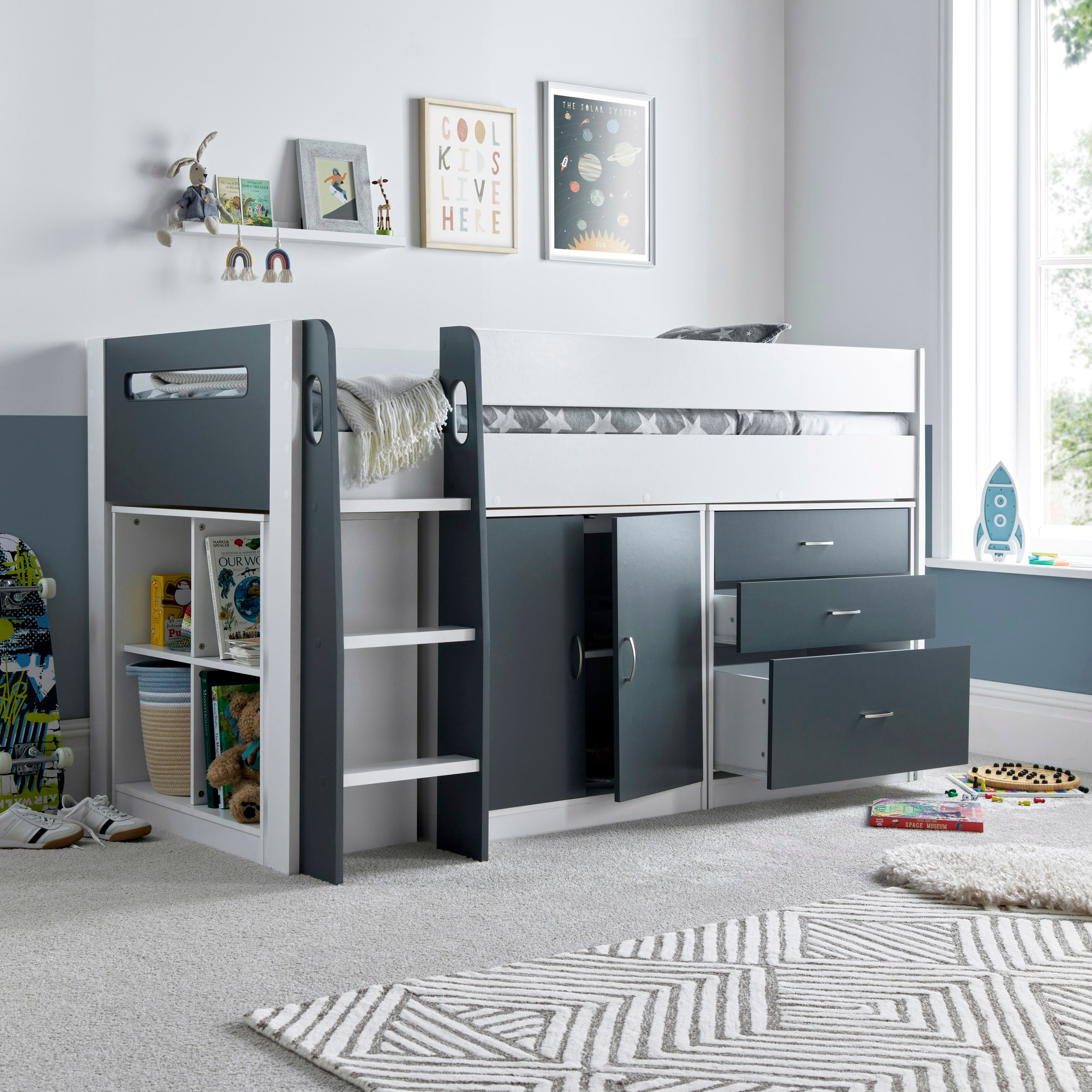 Bedmaster Grey/White Lacy And Storage Mid Sleeper Bed - Single Bed And Memory Mattress