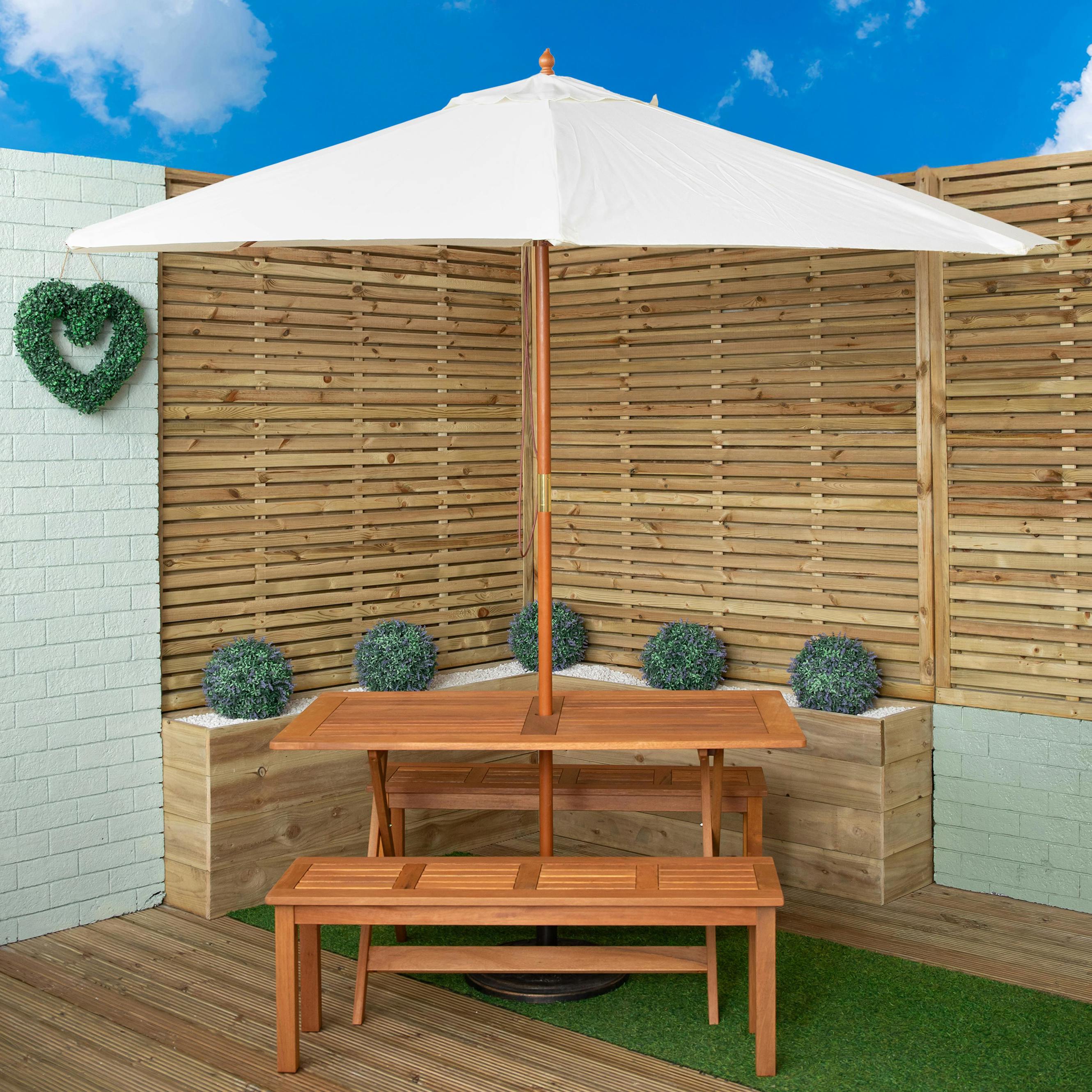 Rackhams Cream Outdoor 4 Person Rectangular Wooden Garden Dining Table, 2 Benches With Parasol And Base Set - Outdoor Furniture Sets