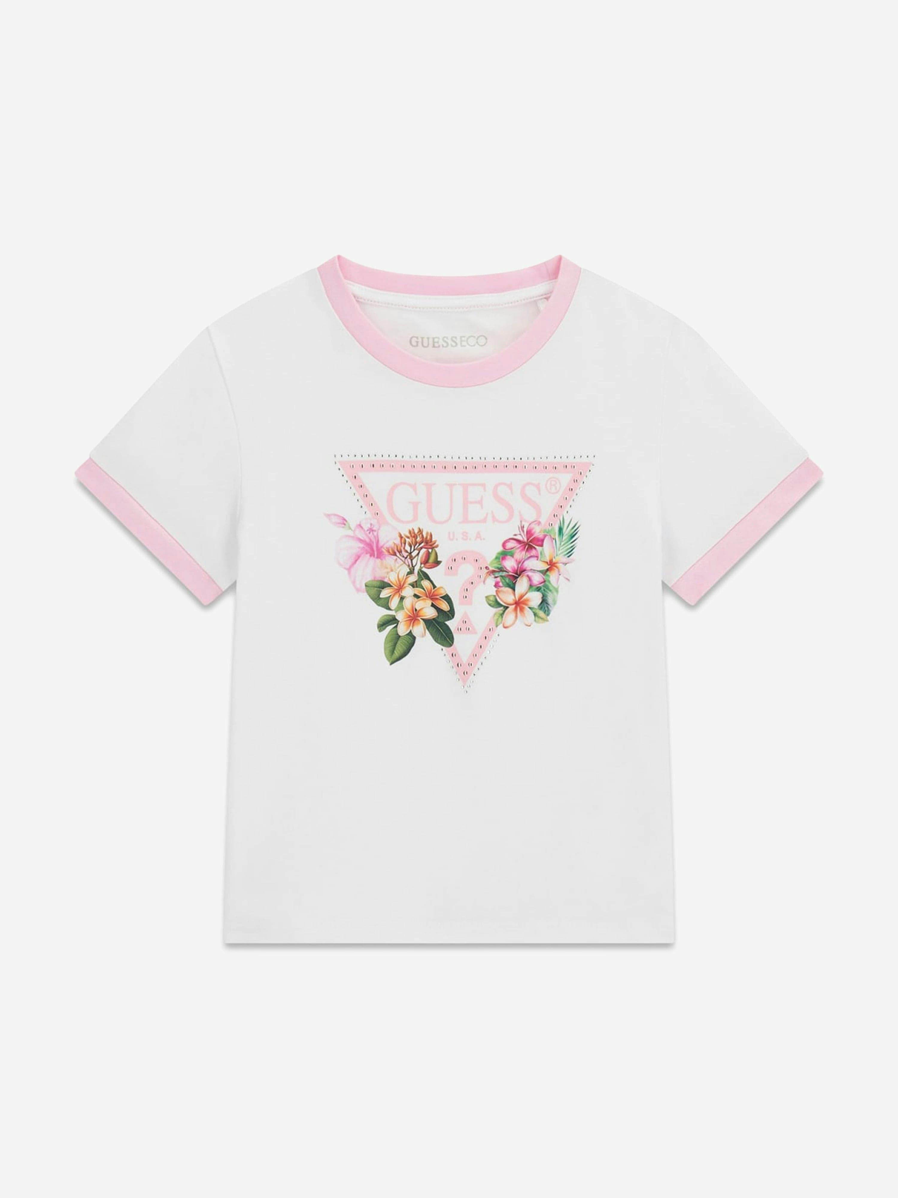 Guess Girls White Hawaiian Logo Cropped T-Shirt In - 10 Yrs