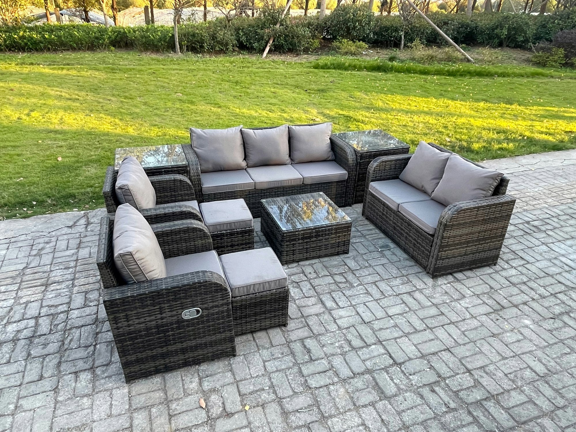 Rackhams Dark/Grey 9 Seater Garden Furniture Set Rattan Outdoor Lounge Sofa Chair With Tempered Glass Table 2 Small Footstools 2 Side Tables Mixed