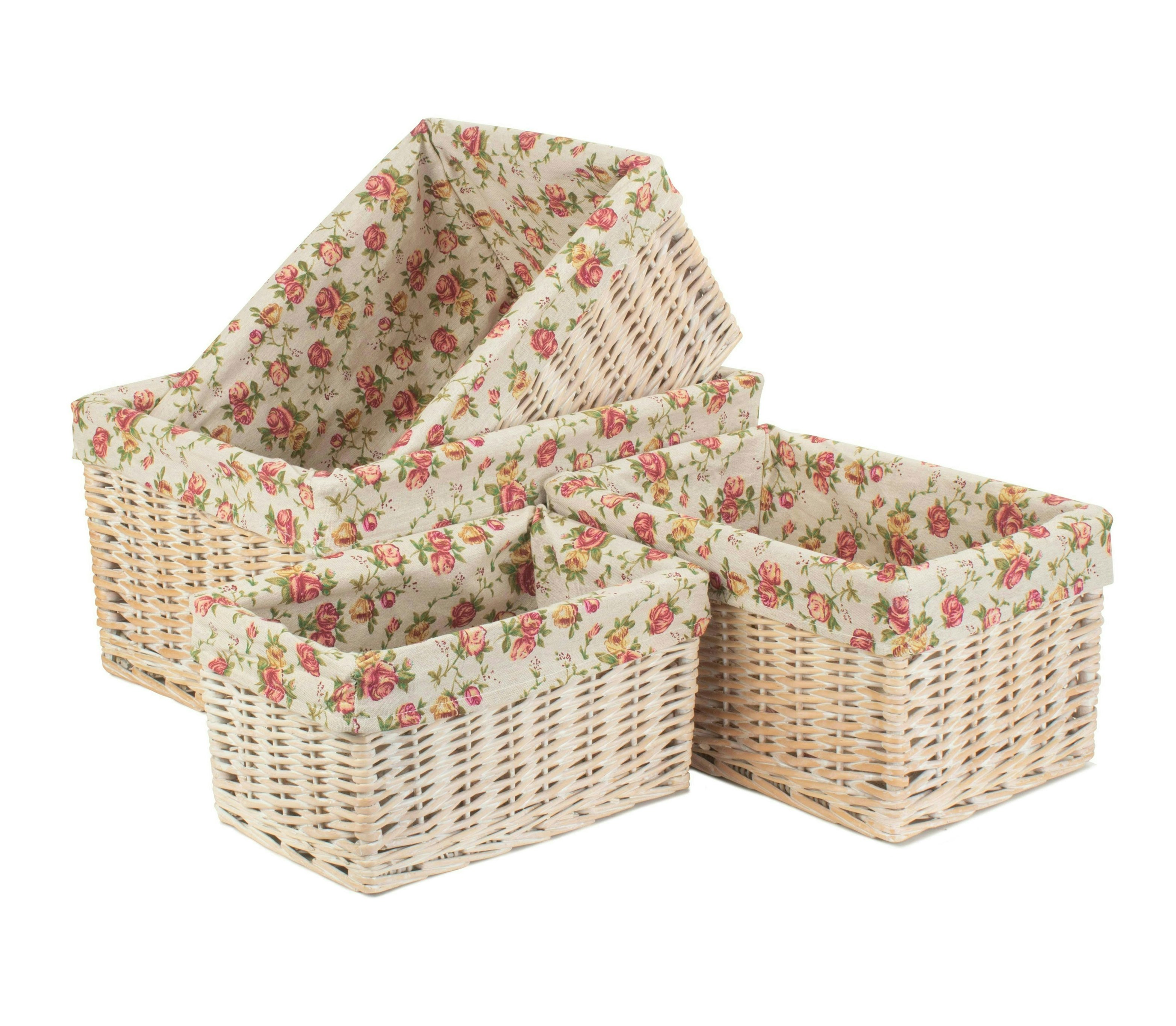 Red Hamper Whitewash Garden Rose Lined Wicker Storage Basket - Set Of 4