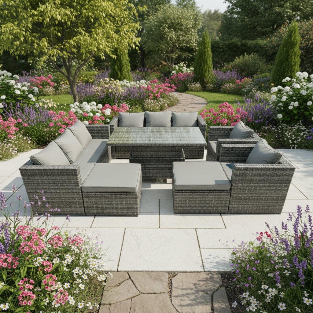 Rackhams Dark/Grey 10 Seater Rattan Garden Furniture Set With Rising Dining Table, 2 Sofas, 2 Armchairs & 2 Stools