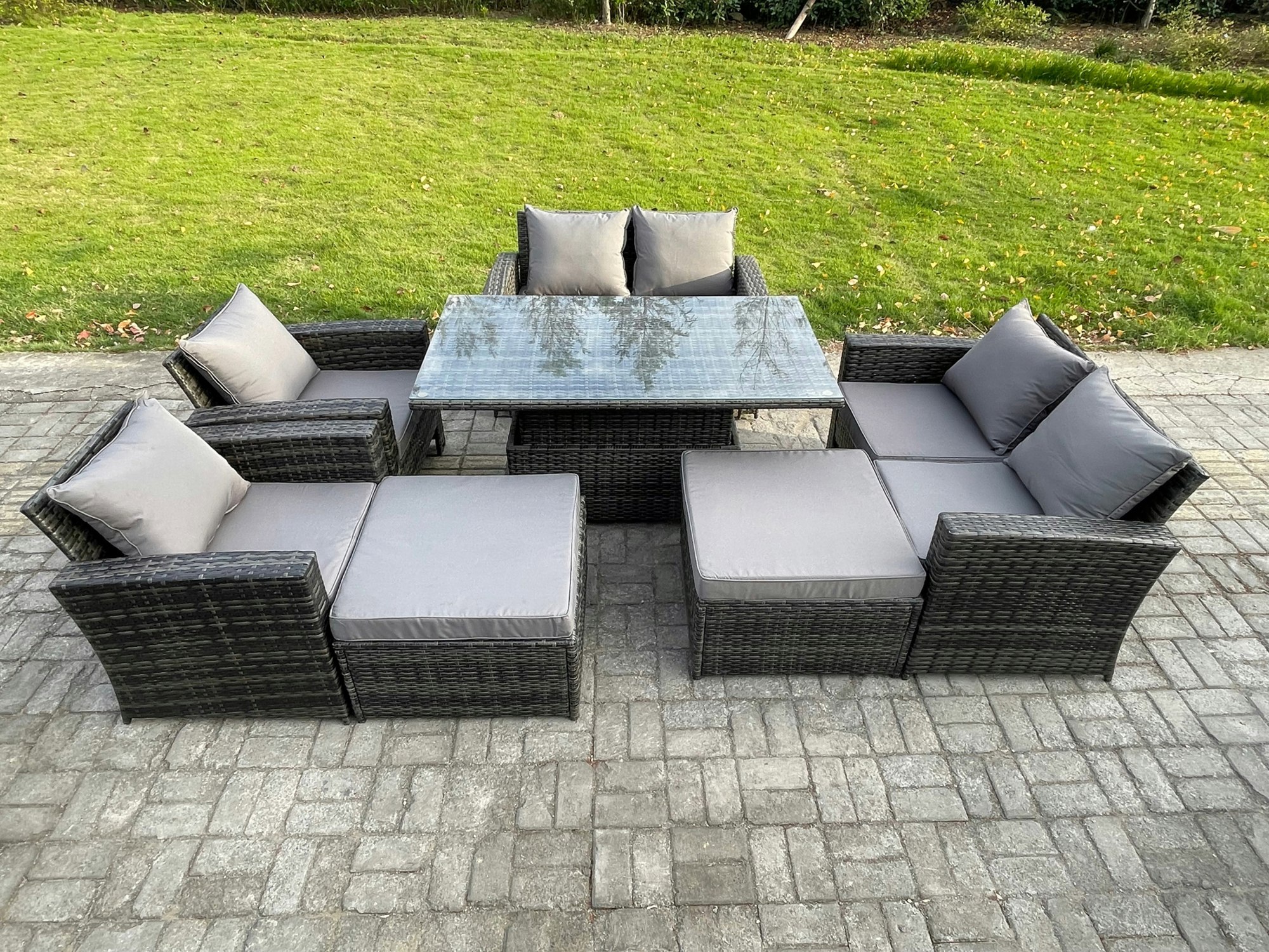 Fimous Dark/Grey 8 Seater Wicker Rattan Garden Furniture Rising Table Set With 2 Big Footstool Double Seat Sofa Armchairs Mixed