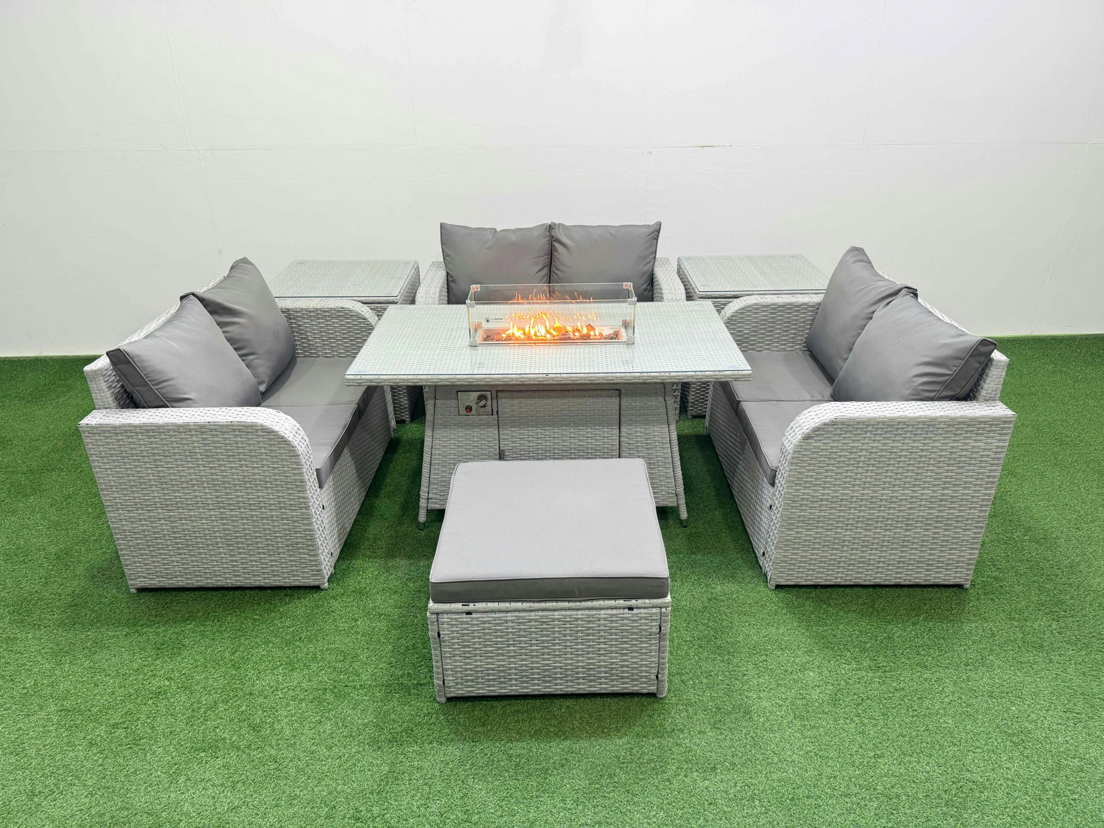 Fimous Light/Grey 7 Seater Pe Wicker Rattan Furniture Sofa Sets With Fire Pit Dining Table 2 Seater Love Sofa Big Footstool 2 Side Table