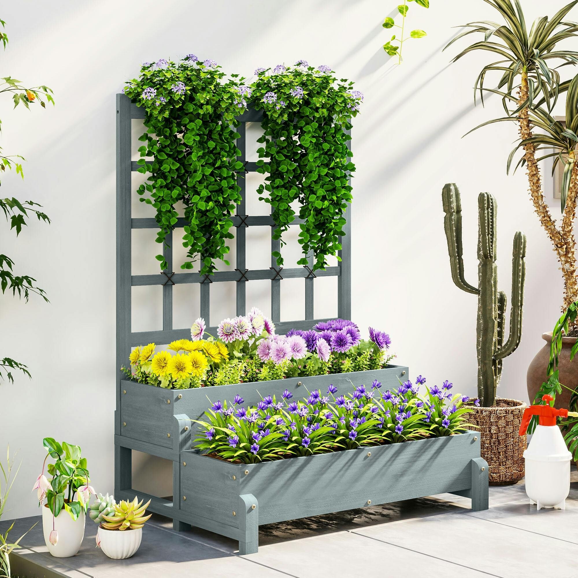 Rackhams Brown/Grey 2-Tier Wooden Raised Bed With Trellis And Drainage Holes,