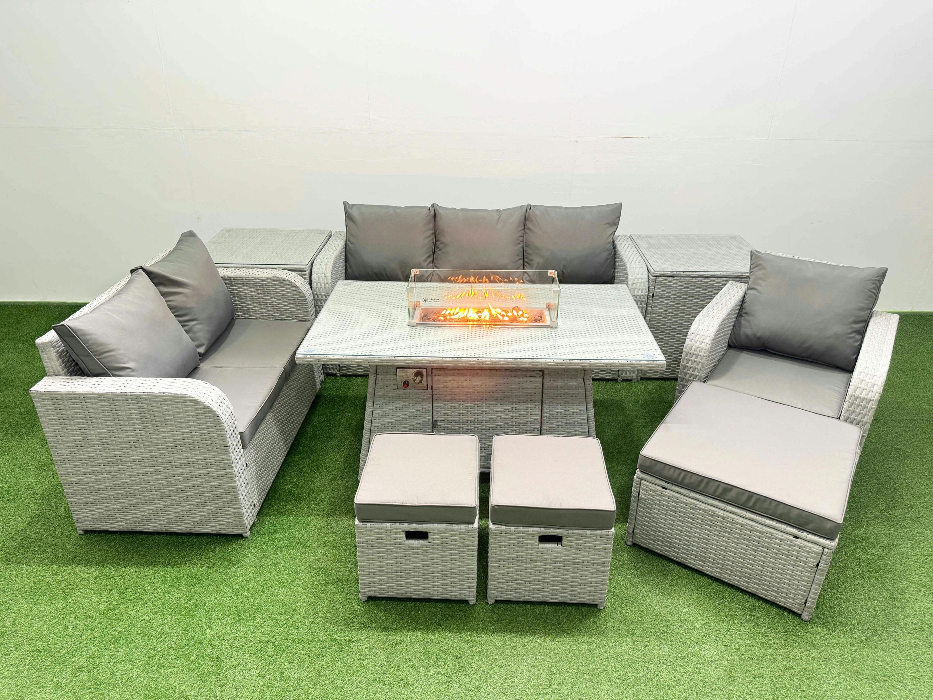 Fimous Light/Grey 9 Seater Rattan Garden Furniture Set With Firepit Table, Reclining Chair, Loveseat, 2 Sofas, 3 Stools & 2 Side Tables