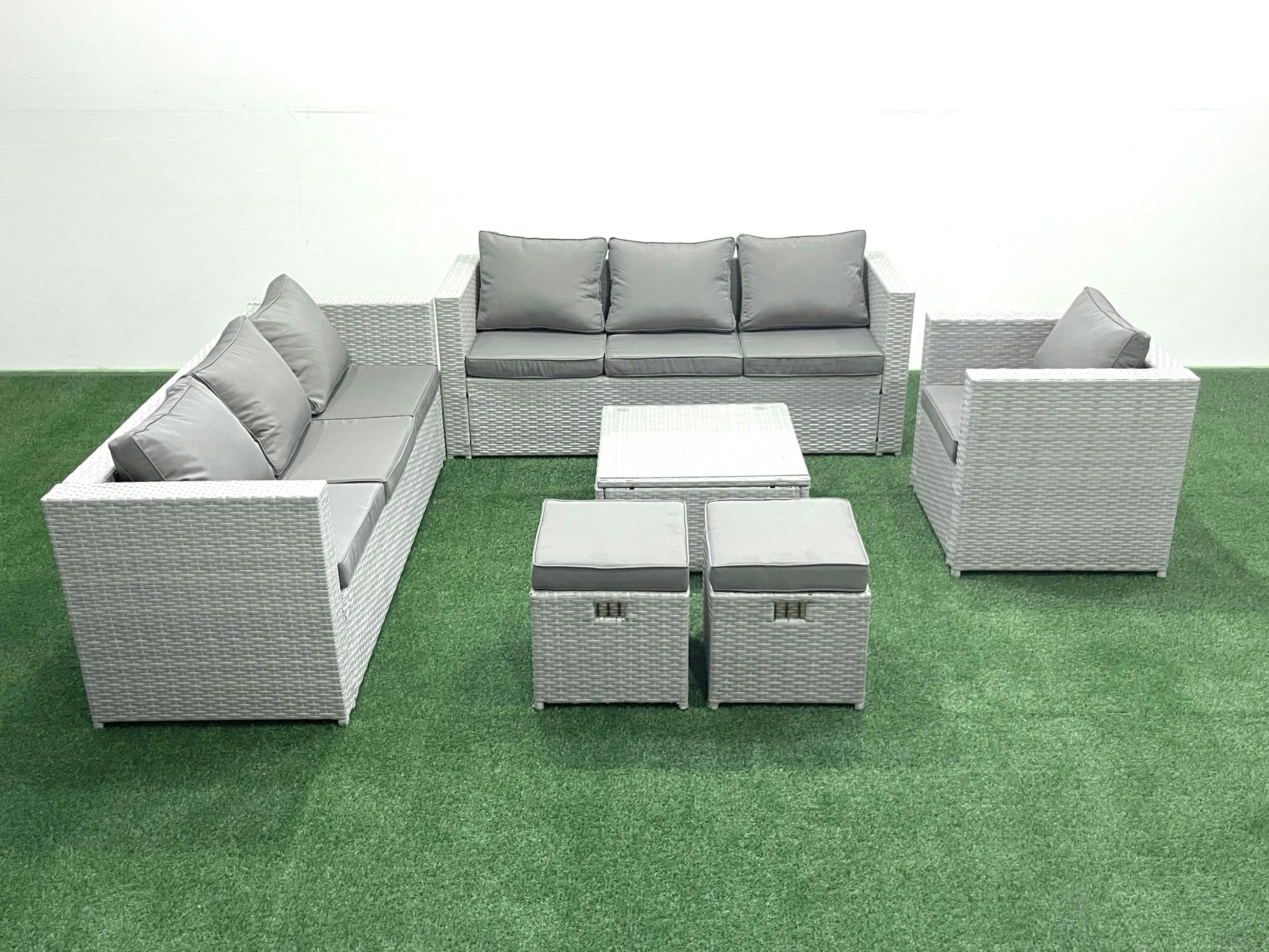 Rackhams Light/Grey Wicker Pe Rattan Sofa Garden Furniture Set With Armchair Square Coffee Table 2 Small Footstools Mixed