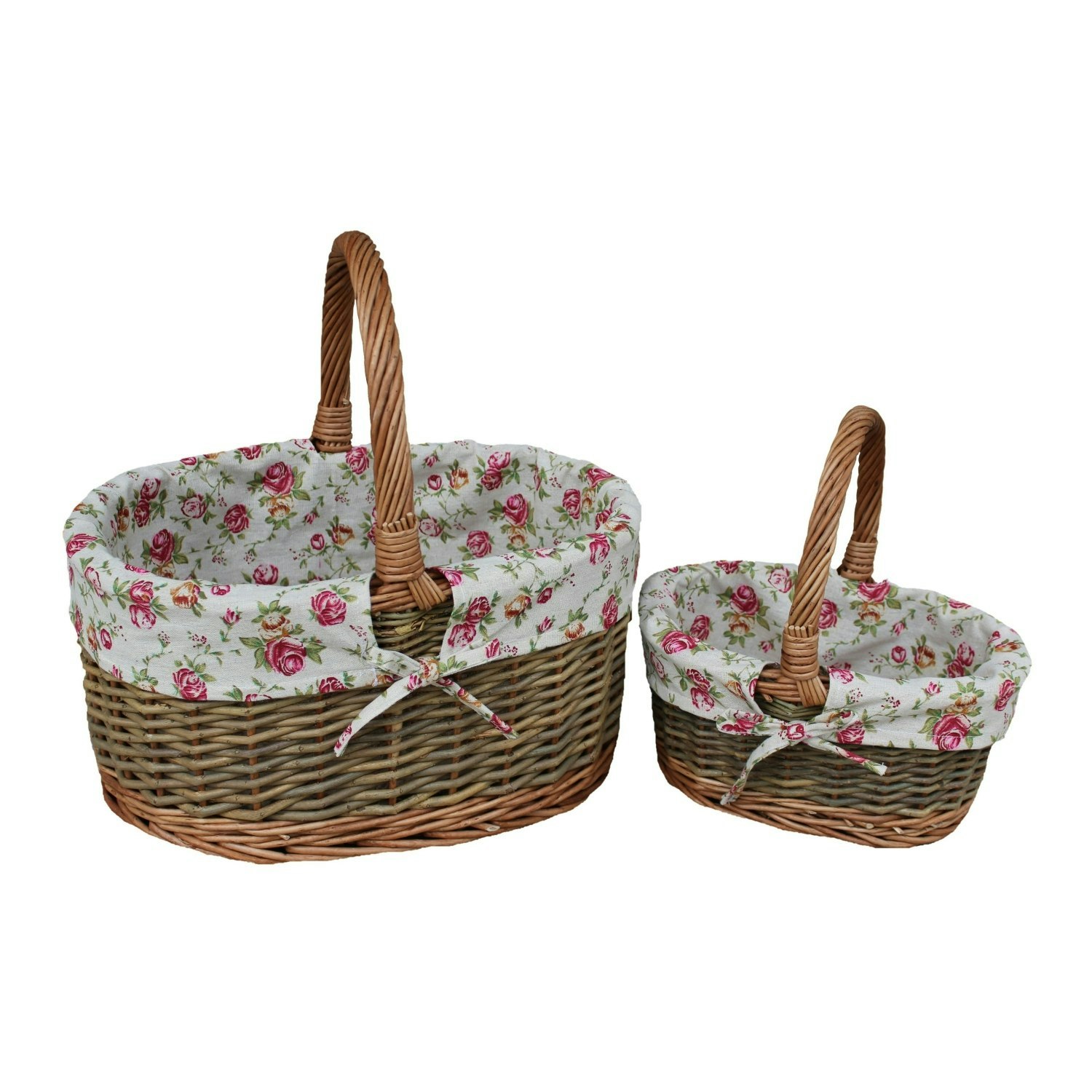 Red Hamper Garden Rose Cotton Lined Country Oval Wicker Shopping Basket - Set Of 2