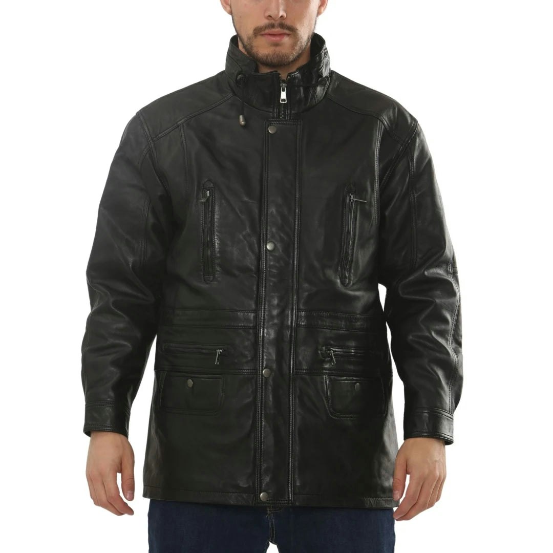 Infinity Leather Men's Black Leather Company Lambskin Leather Mid Length Jacket - Medium